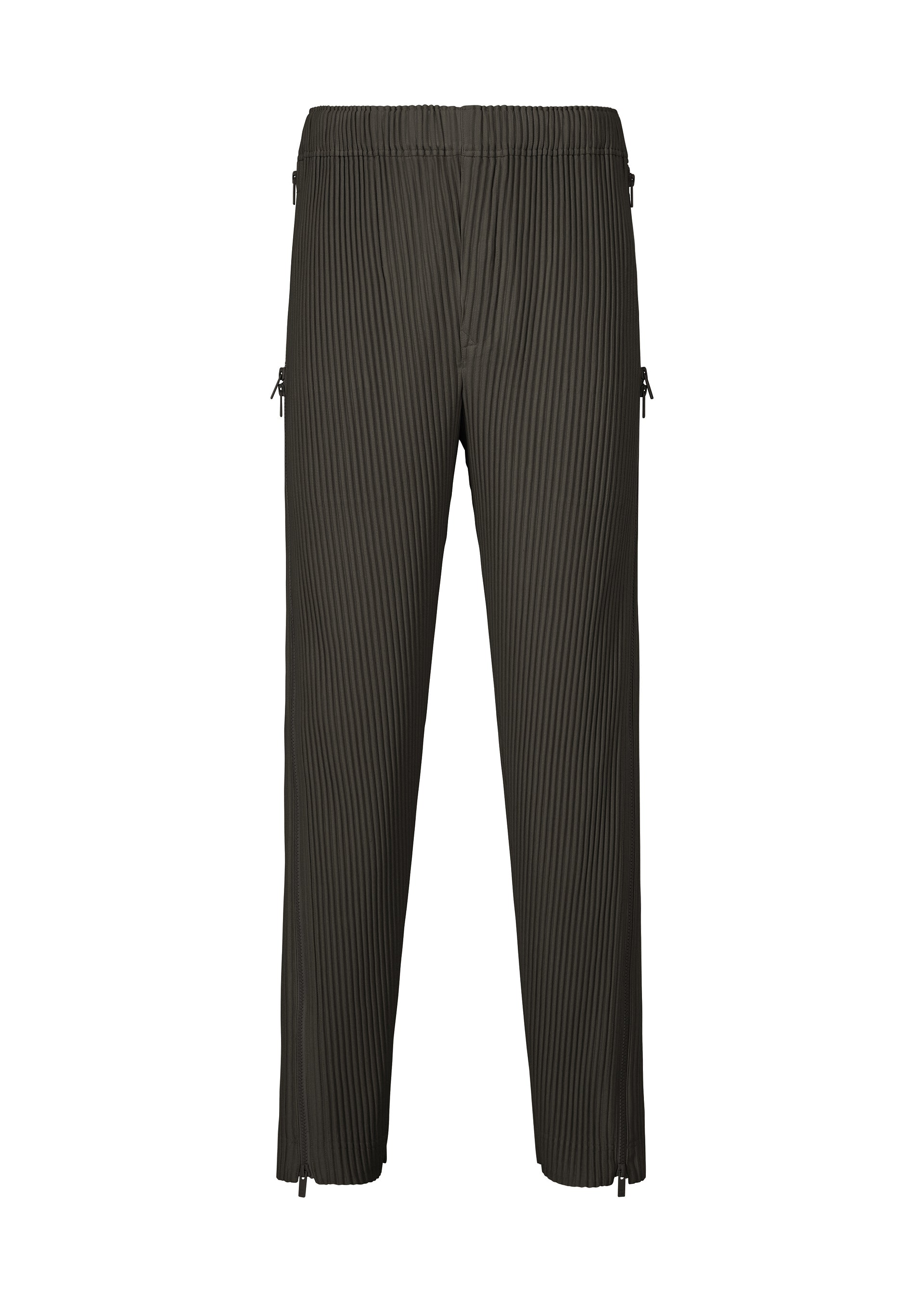 A product shot of the HOMME PLISSÉ ISSEY MIYAKE MULTI-FASTENED trousers in pizza scorch brown.