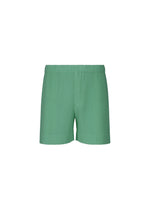 A product shot of the HOMME PLISSÉ ISSEY MIYAKE COLORFUL PLEATS BOTTOMS trousers in storico post green.