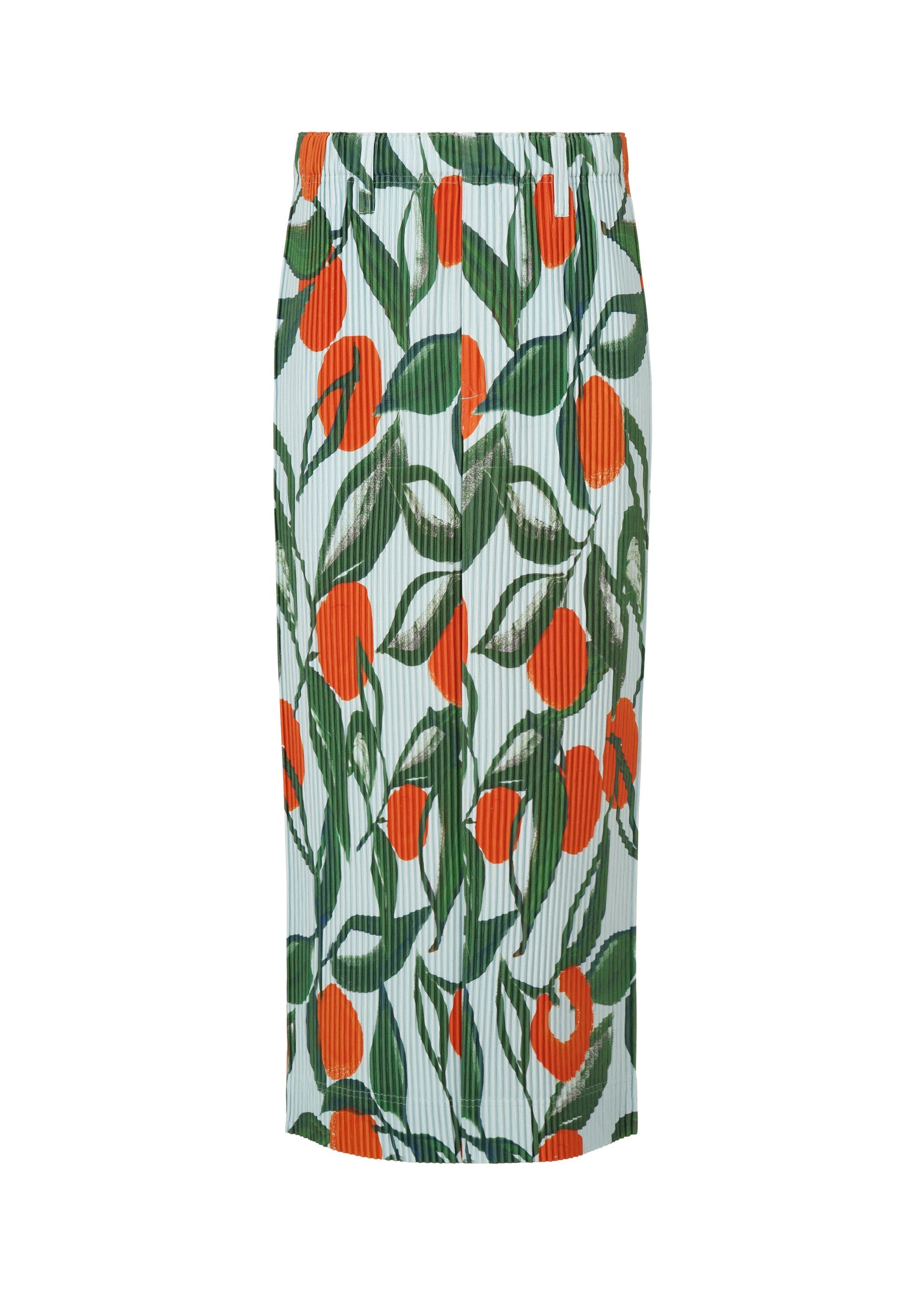 A product shot of the HOMME PLISSÉ ISSEY MIYAKE FRUITS & VEGETABLES skirt in blue (72).