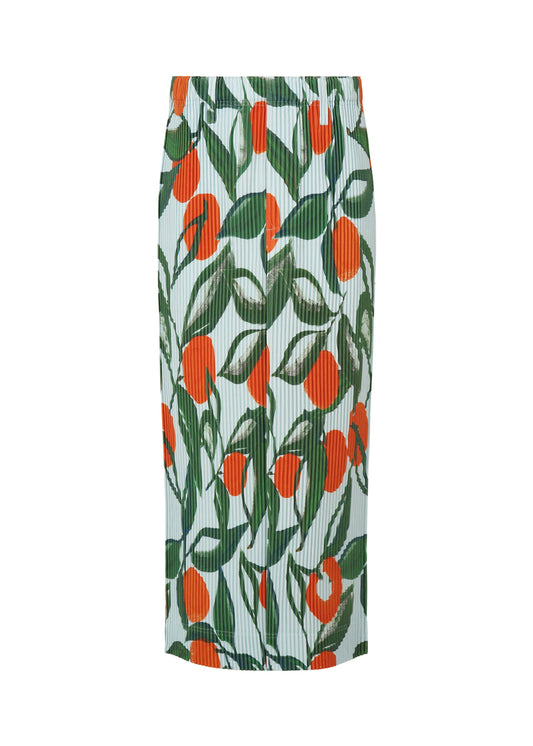 A product shot of the HOMME PLISSÉ ISSEY MIYAKE FRUITS & VEGETABLES skirt in blue (72).