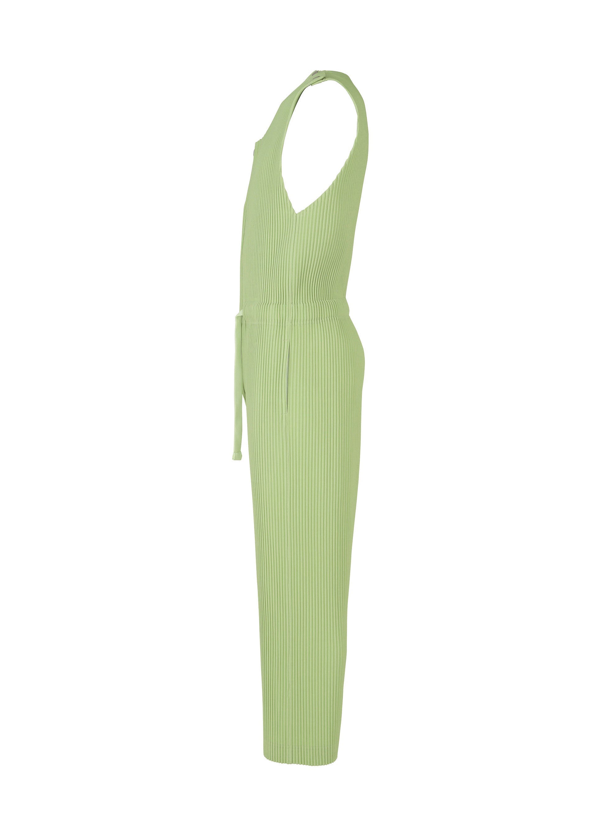 A detail shot of the HOMME PLISSÉ ISSEY MIYAKE PLEATS BOTTOMS 2 jumpsuit.