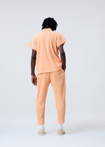 A model wears the HOMME PLISSÉ ISSEY MIYAKE MONTHLY COLORS APRIL shirt.