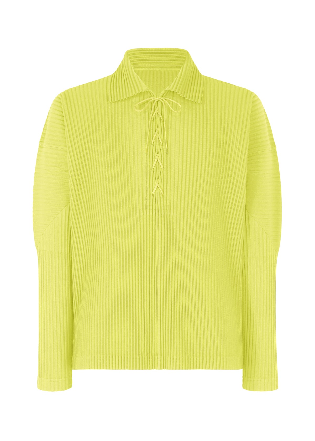 A product shot of the HOMME PLISSÉ ISSEY MIYAKE MONTHLY COLORS MAY top in zucchini yellow (53).
