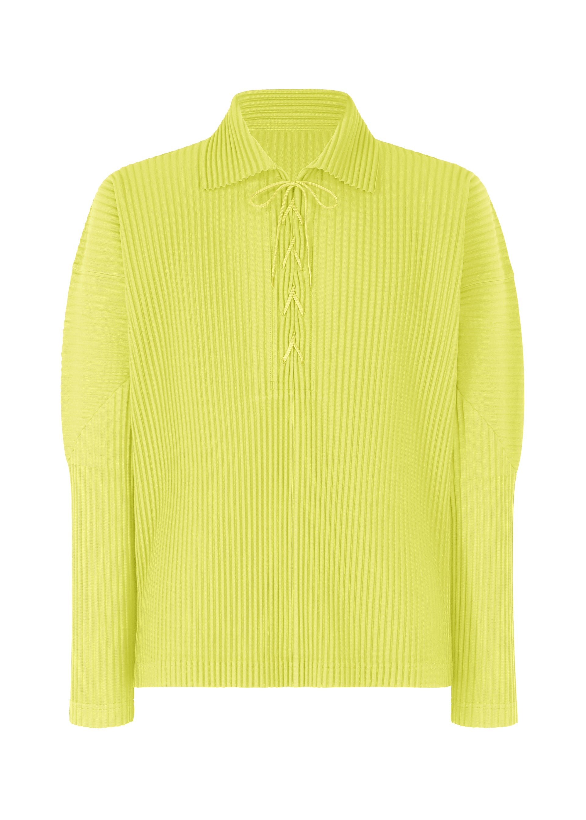 A product shot of the HOMME PLISSÉ ISSEY MIYAKE MONTHLY COLORS MAY top in zucchini yellow (53).