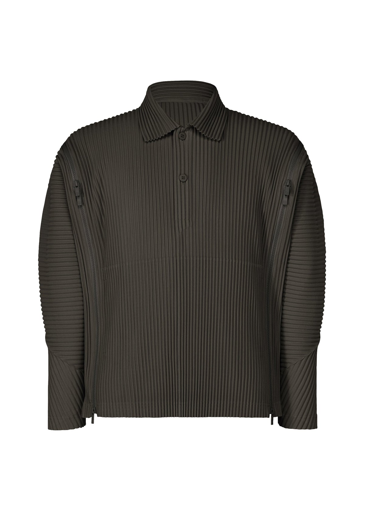 A product shot of the HOMME PLISSÉ ISSEY MIYAKE MULTI-FASTENED shirt in pizza scorch brown.