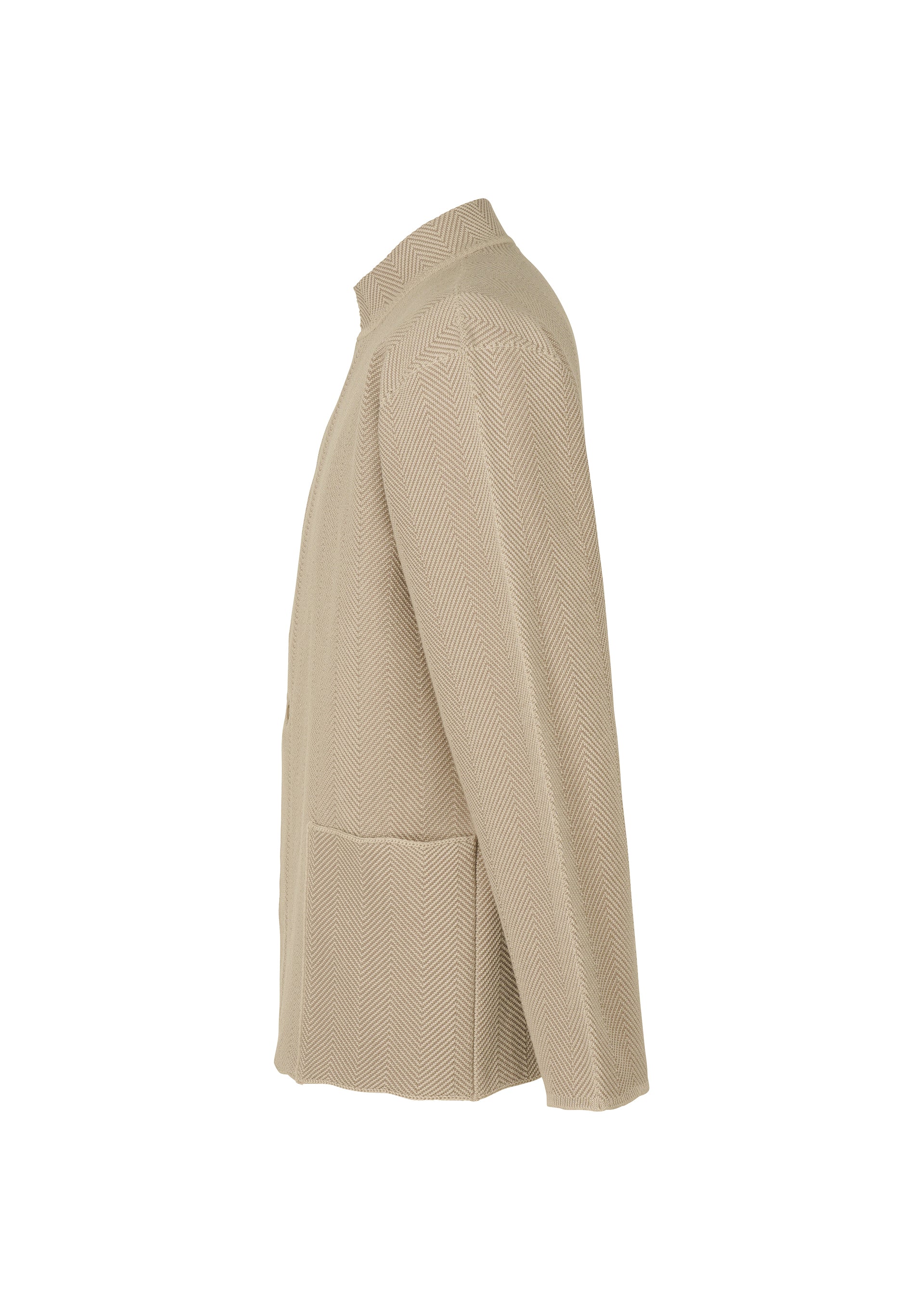 A detail shot of the HOMME PLISSÉ ISSEY MIYAKE INLAID KNIT jacket.