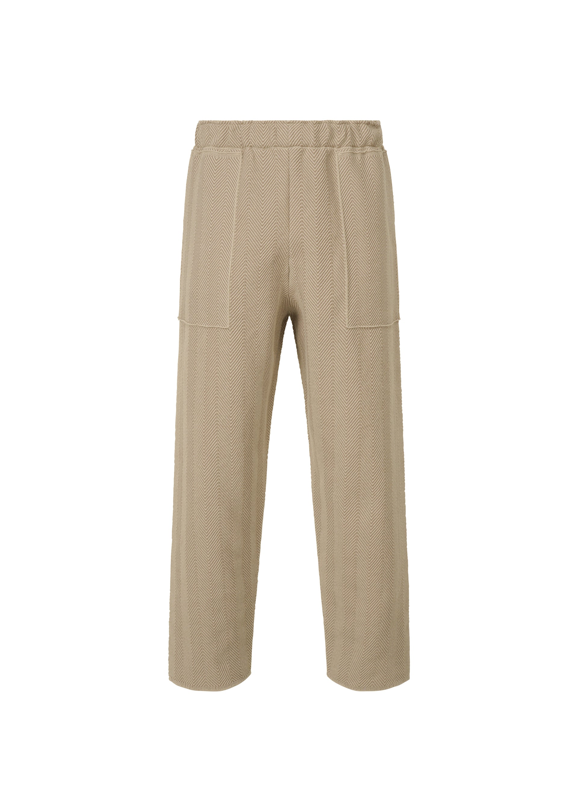 A product shot of the HOMME PLISSÉ ISSEY MIYAKE INLAID KNIT trousers in beige (40).