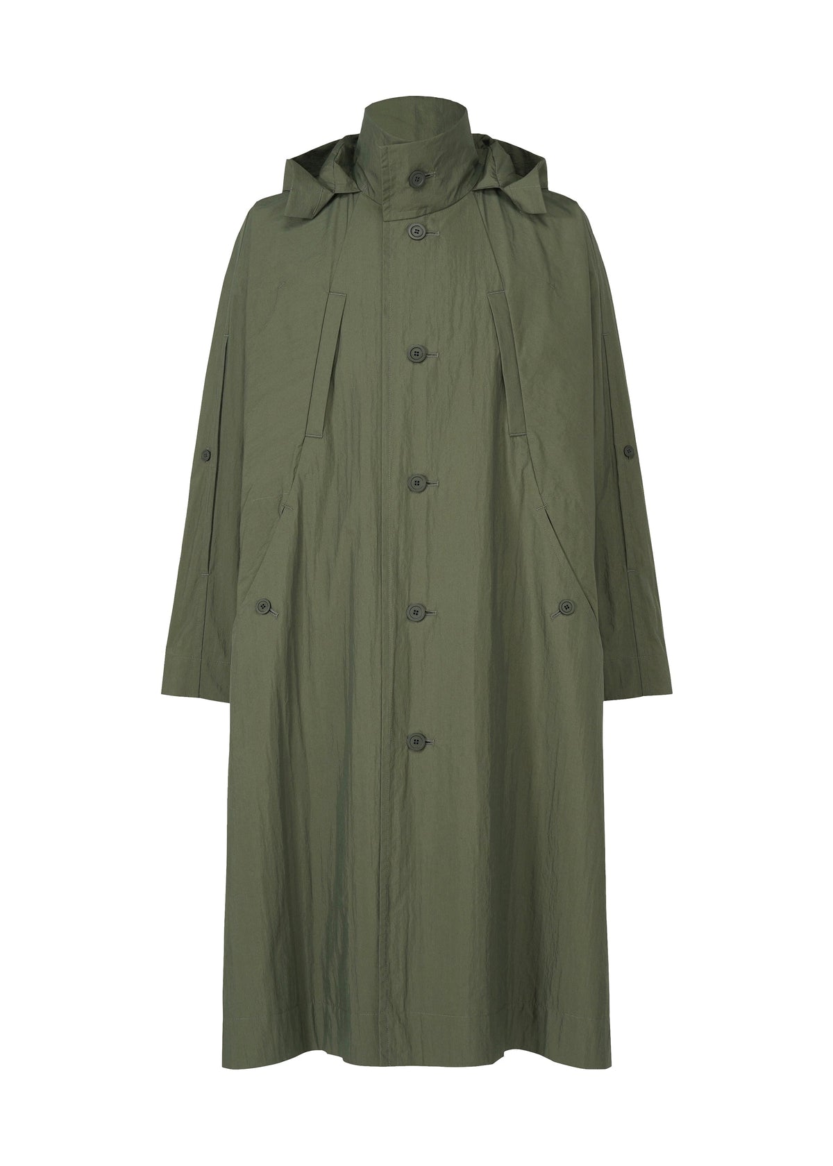 A product shot of the HOMME PLISSÉ ISSEY MIYAKE SLIT COAT coat in green.