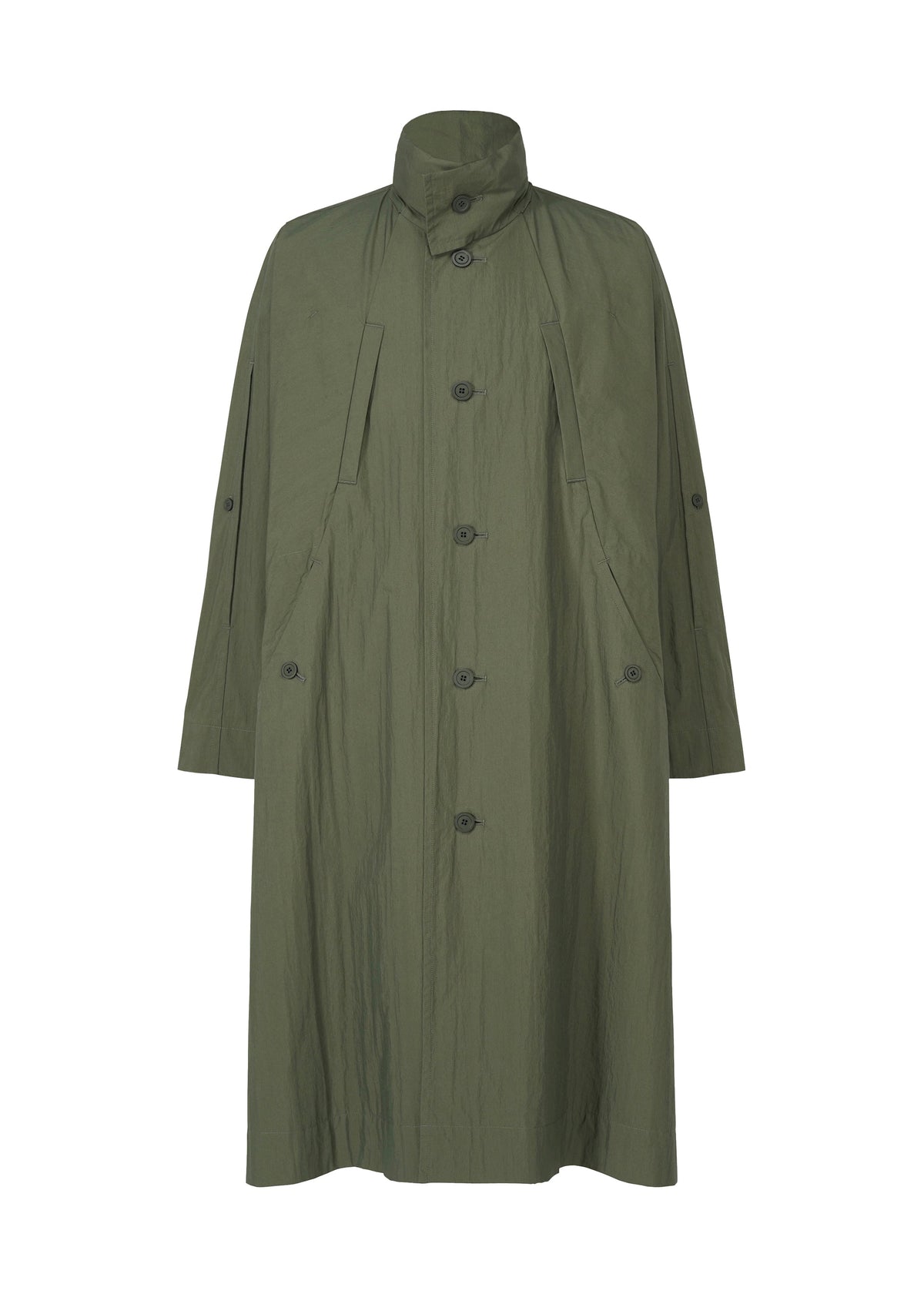 A detail shot of the HOMME PLISSÉ ISSEY MIYAKE SLIT COAT coat.
