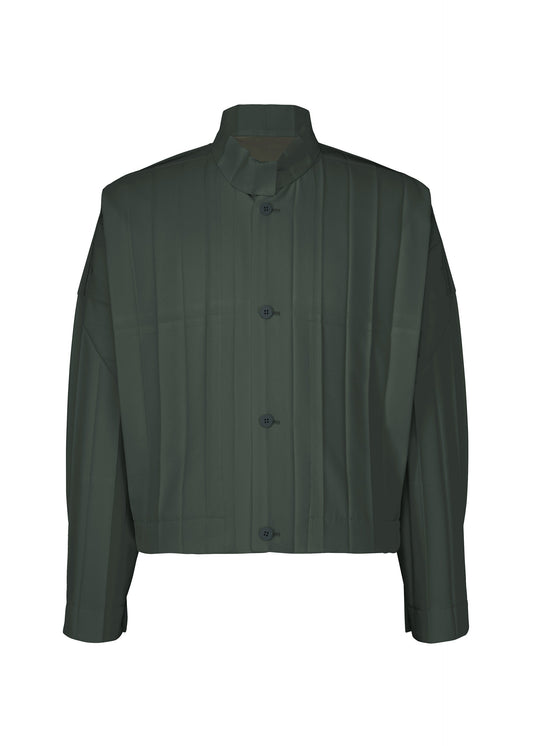 A product shot of the HOMME PLISSÉ ISSEY MIYAKE EDGE ENSEMBLE jacket in dark green.