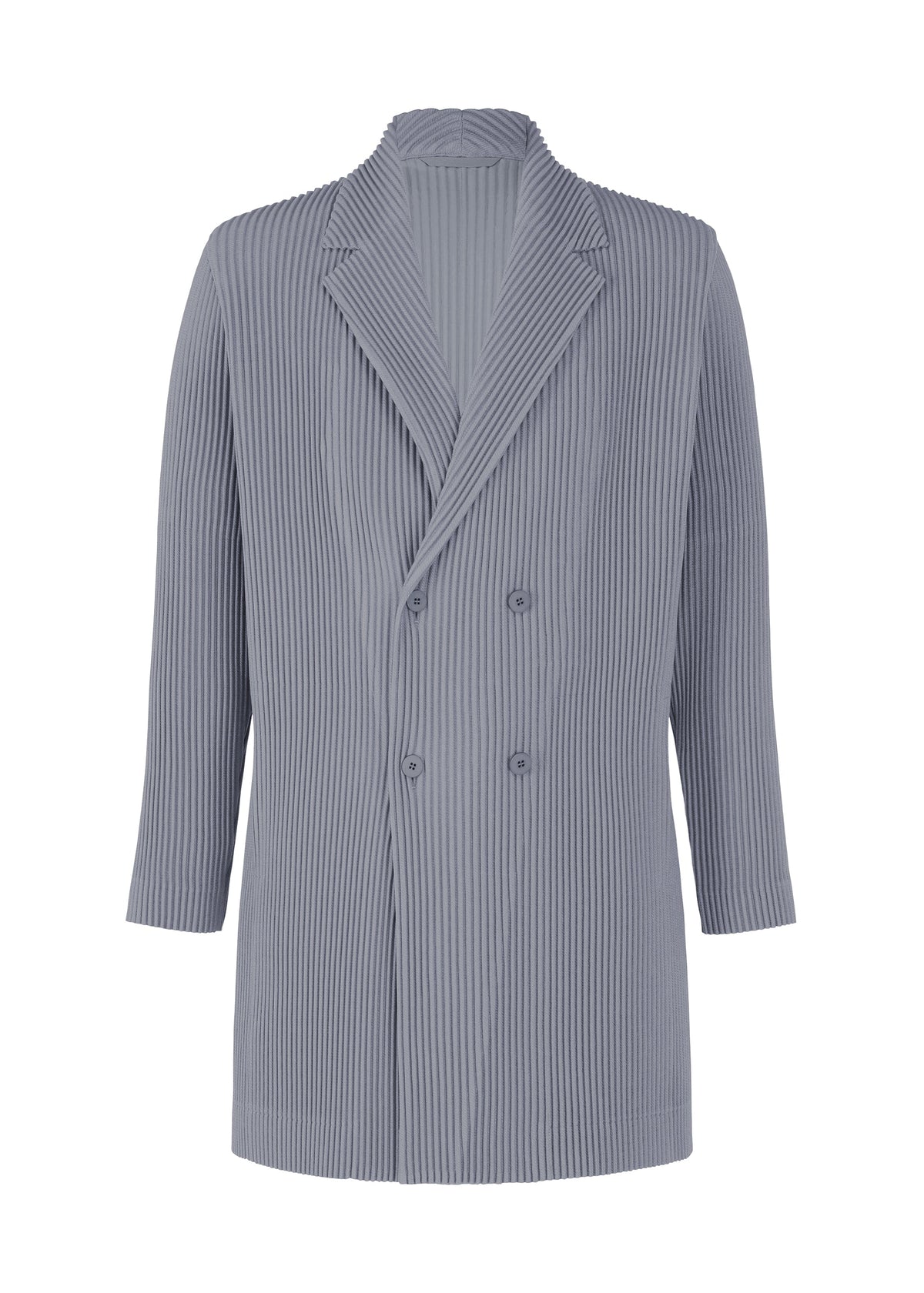 A product shot of the HOMME PLISSÉ ISSEY MIYAKE KERSEY PLEATS jacket in blue gray.