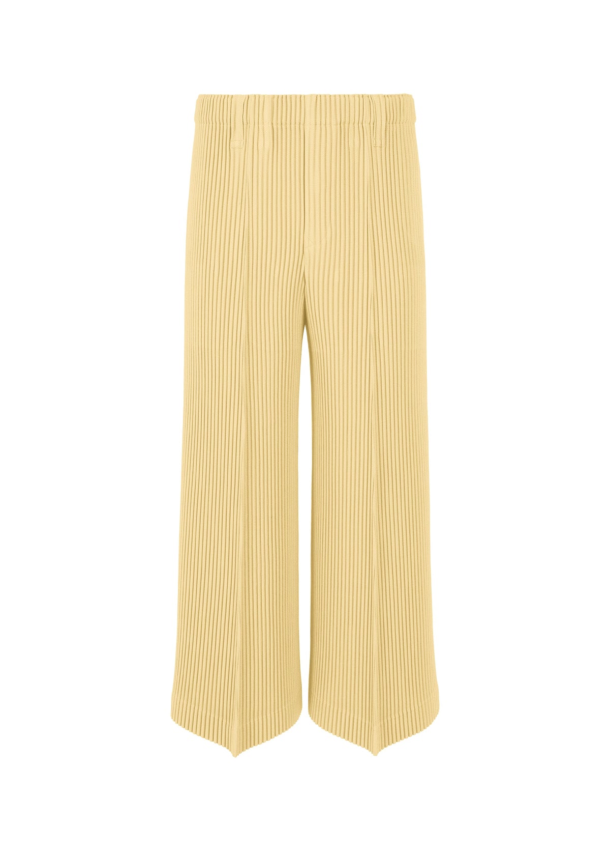 A product shot of the HOMME PLISSÉ ISSEY MIYAKE KERSEY PLEATS trousers in cream yellow.