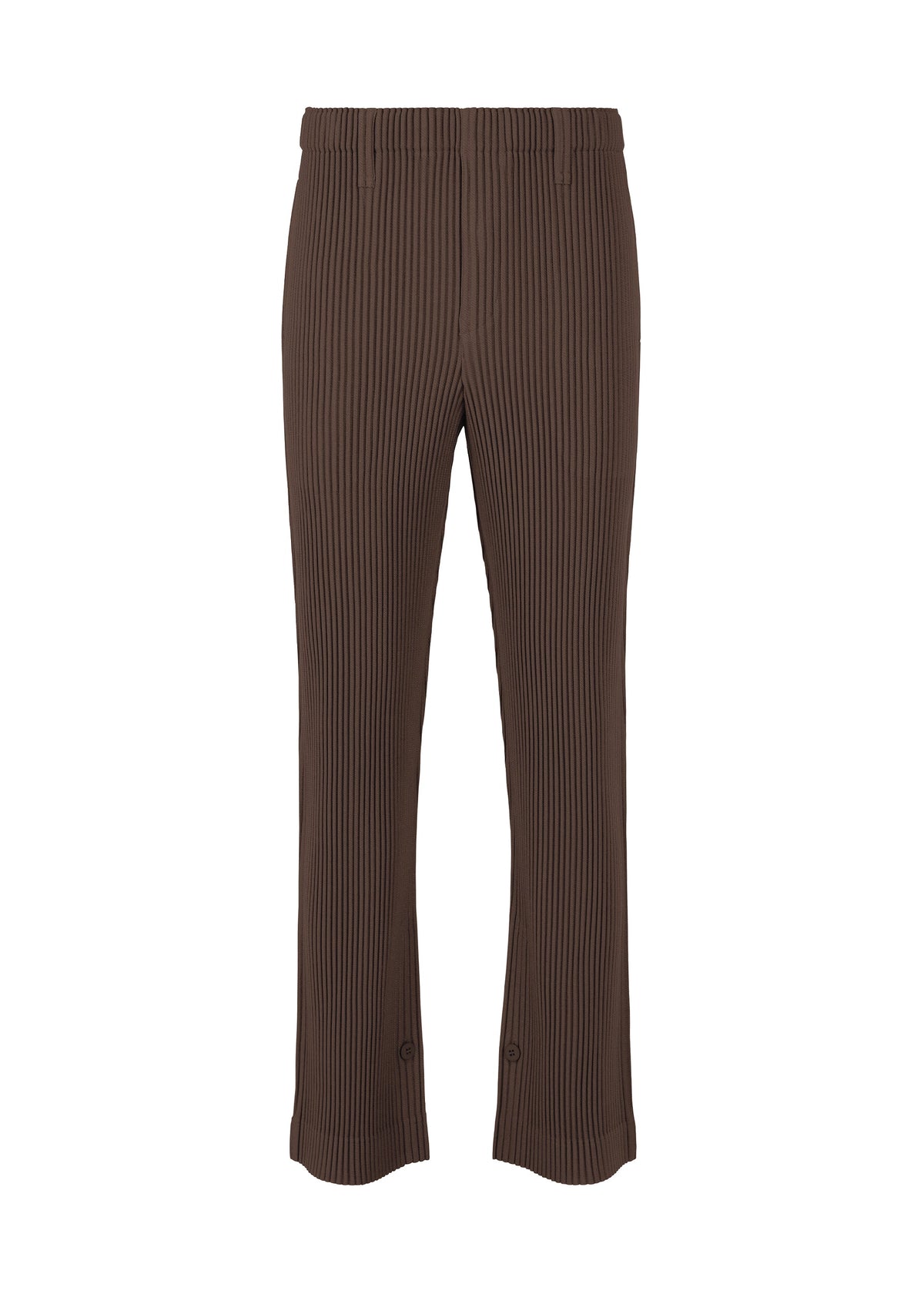 A product shot of the HOMME PLISSÉ ISSEY MIYAKE KERSEY PLEATS trousers in brown.