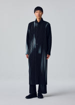 A model wears the HOMME PLISSÉ ISSEY MIYAKE IN THE SHADOW in-the-shadow-long-jacket-shadow-black.