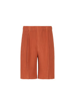 A product shot of the HOMME PLISSÉ ISSEY MIYAKE MONTHLY COLORS : AUGUST shorts in shade vermillion.