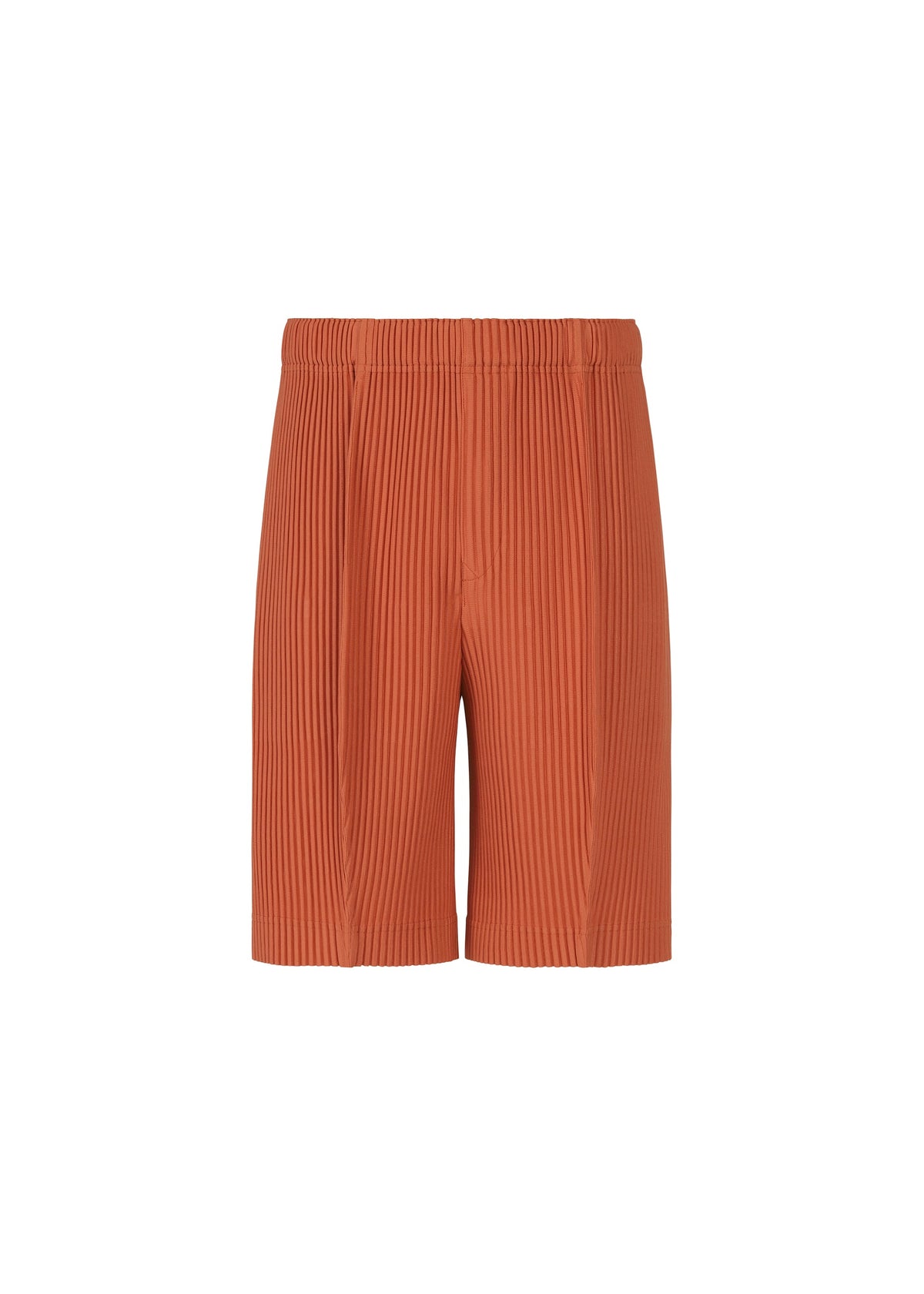 A product shot of the HOMME PLISSÉ ISSEY MIYAKE MONTHLY COLORS : AUGUST shorts in shade vermillion.