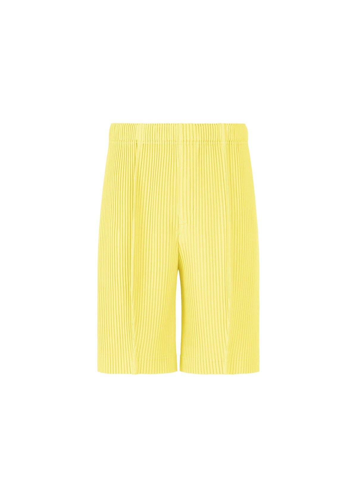 A product shot of the HOMME PLISSÉ ISSEY MIYAKE MONTHLY COLORS : AUGUST shorts in shine yellow.