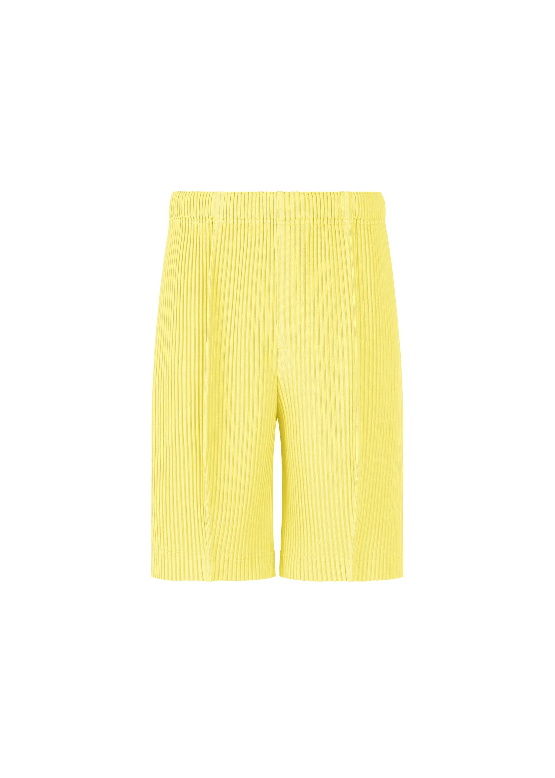 A product shot of the HOMME PLISSÉ ISSEY MIYAKE MONTHLY COLORS : AUGUST shorts in shine yellow.