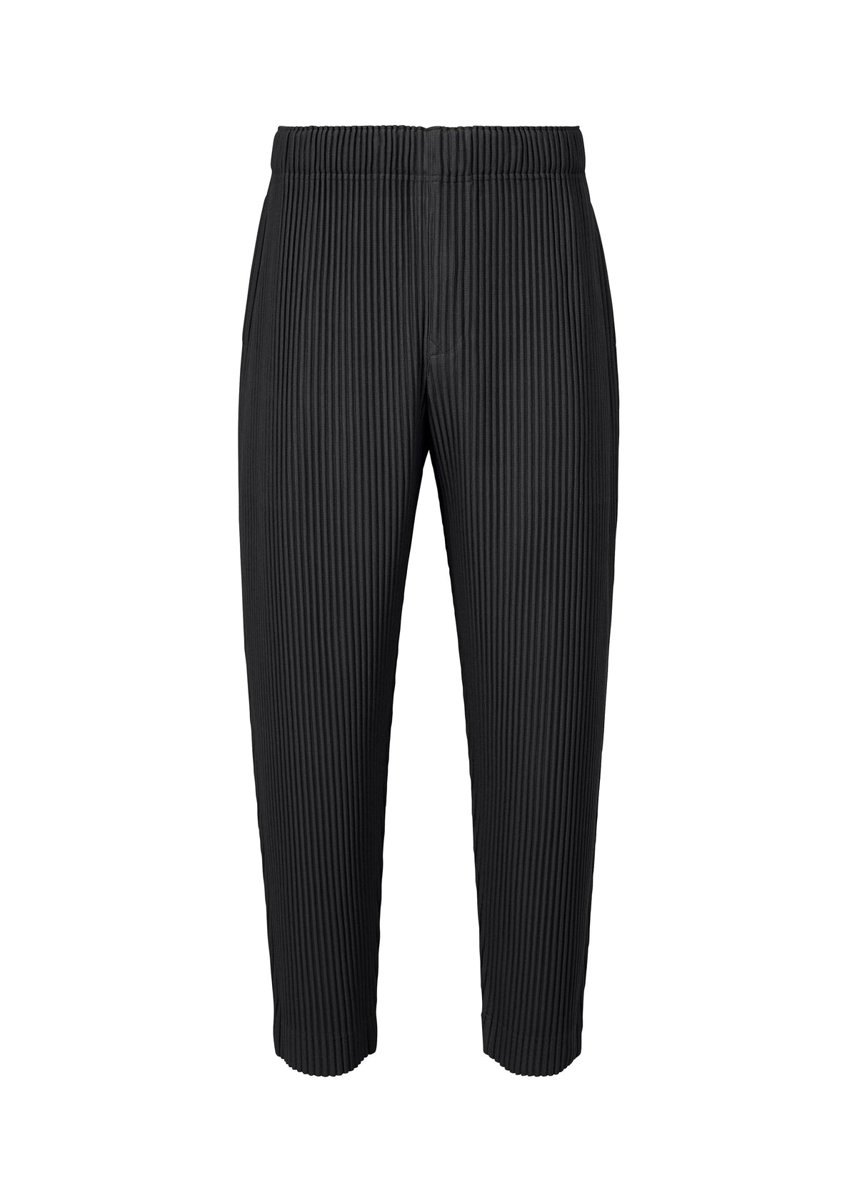 A product shot of the HOMME PLISSÉ ISSEY MIYAKE MONTHLY COLORS : AUGUST trousers in black.