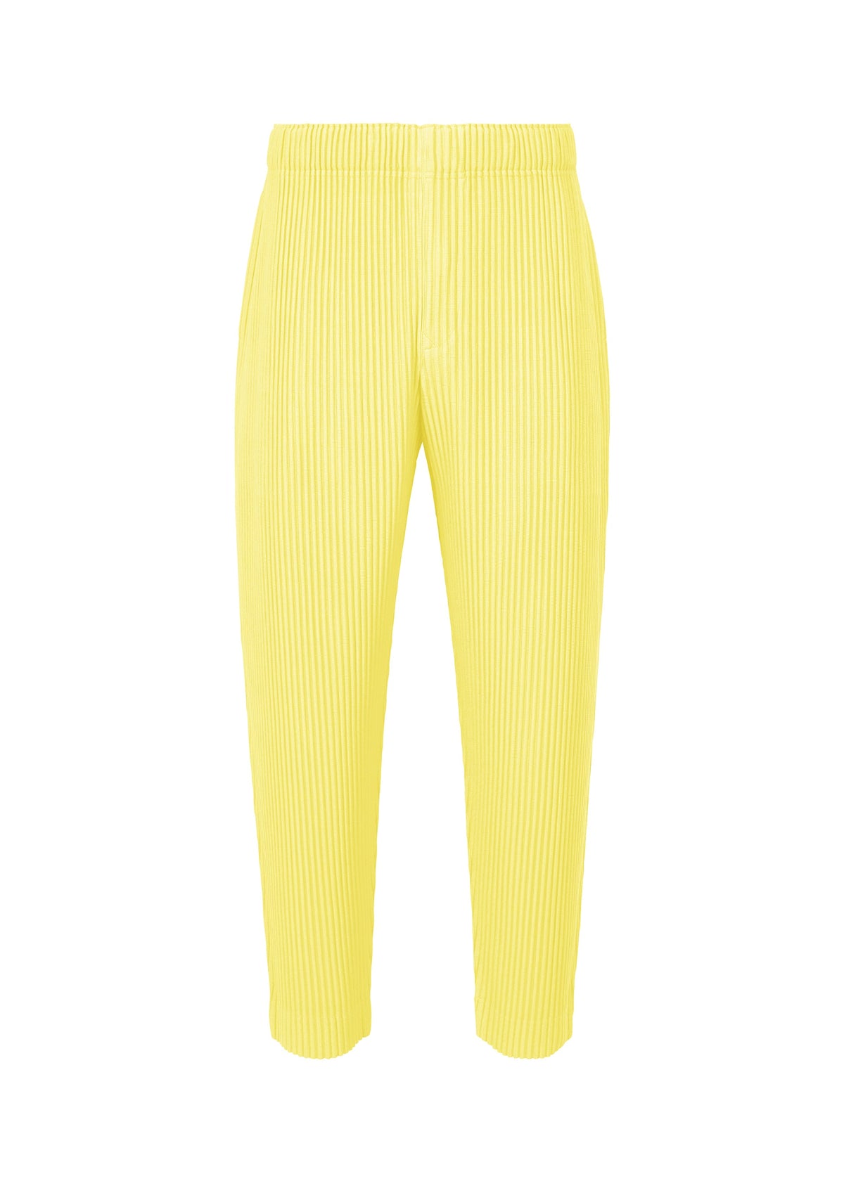 A product shot of the HOMME PLISSÉ ISSEY MIYAKE MONTHLY COLORS : AUGUST trousers in shine yellow.