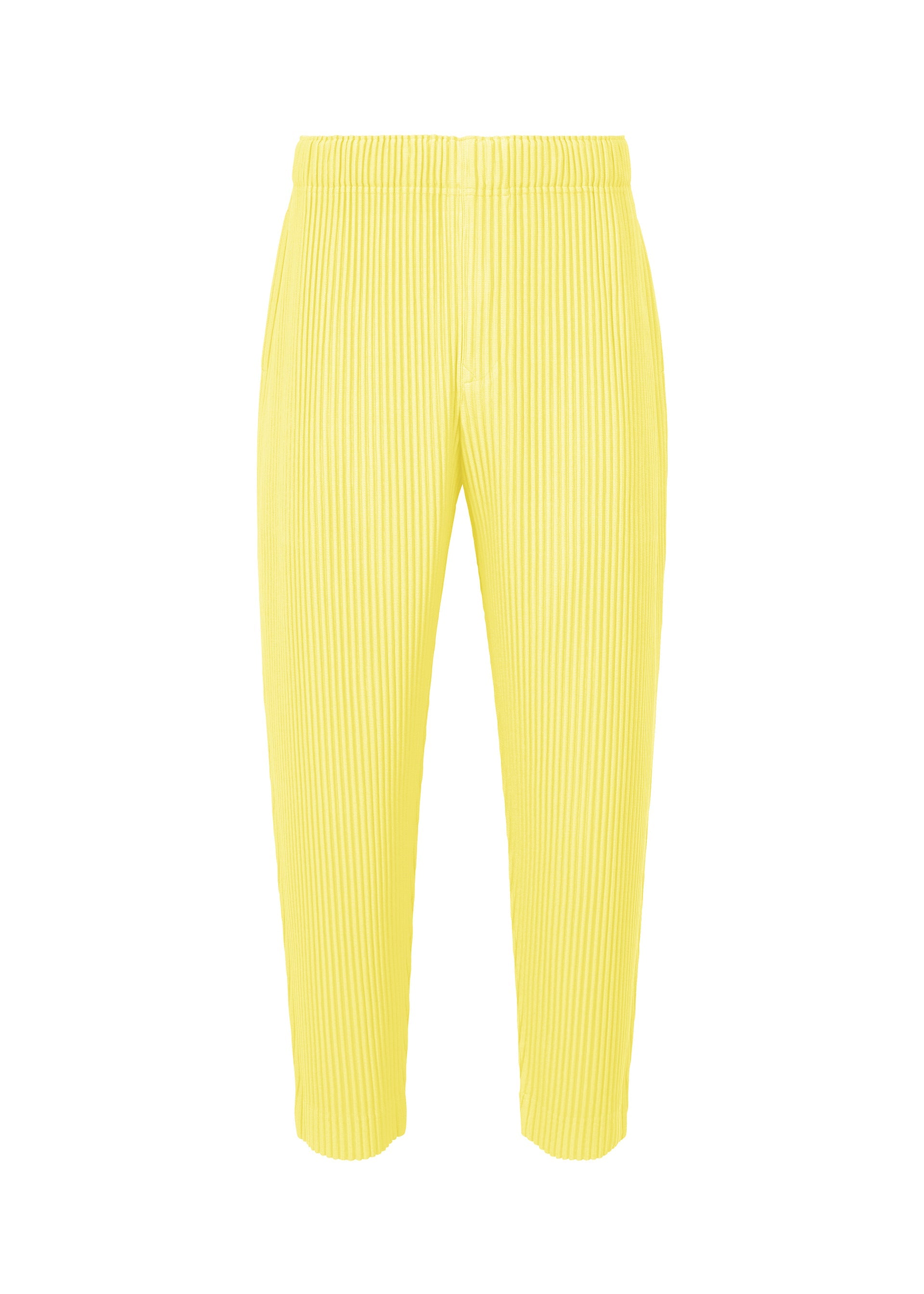 A product shot of the HOMME PLISSÉ ISSEY MIYAKE MONTHLY COLORS : AUGUST trousers in shine yellow.