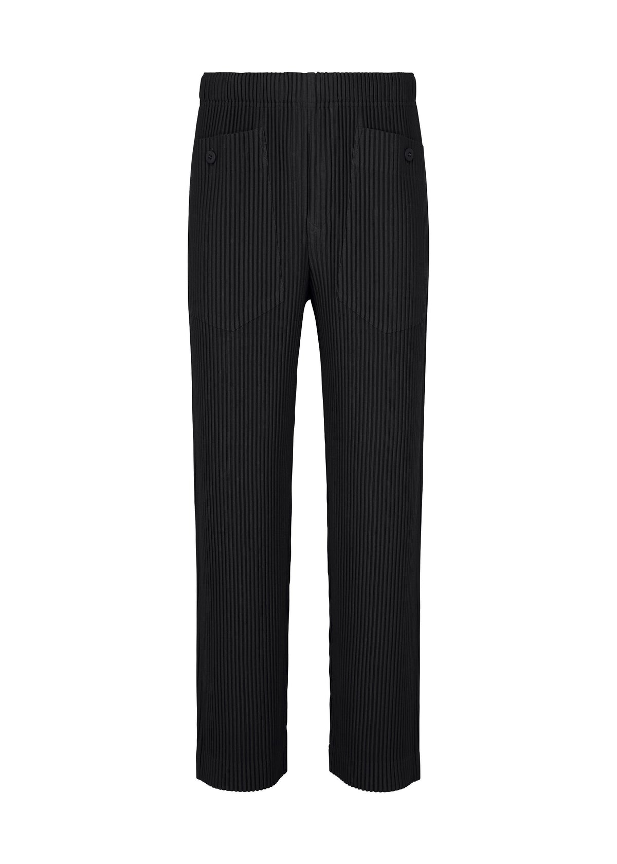 A product shot of the HOMME PLISSÉ ISSEY MIYAKE MONTHLY COLORS : OCTOBER trousers in black.