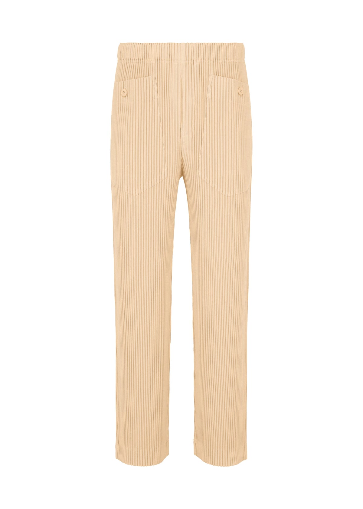 A product shot of the HOMME PLISSÉ ISSEY MIYAKE MONTHLY COLORS : OCTOBER trousers in glow cream.
