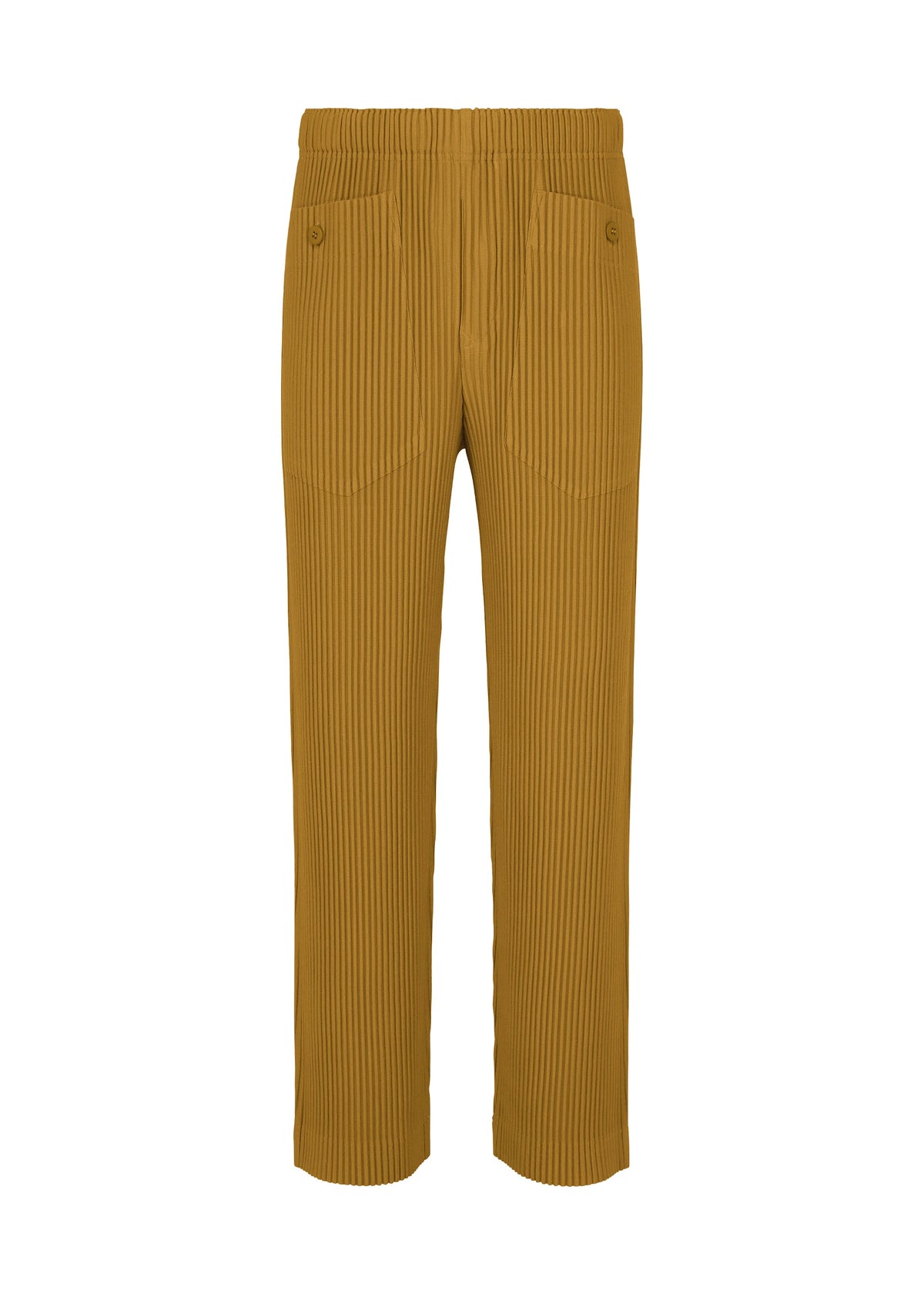 A product shot of the HOMME PLISSÉ ISSEY MIYAKE MONTHLY COLORS : OCTOBER trousers in shade dandelion.