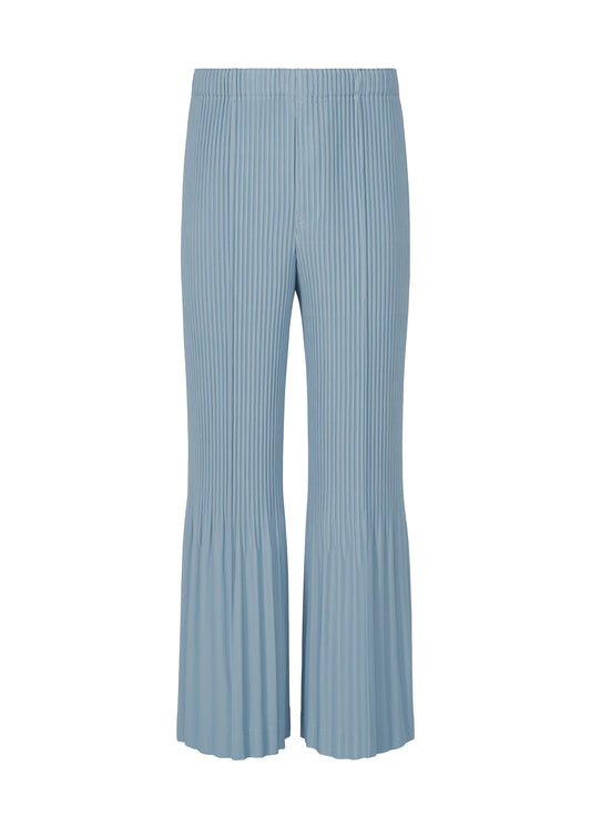 A product shot of the HOMME PLISSÉ ISSEY MIYAKE PLEATS BOTTOMS 1 trousers in dim blue.