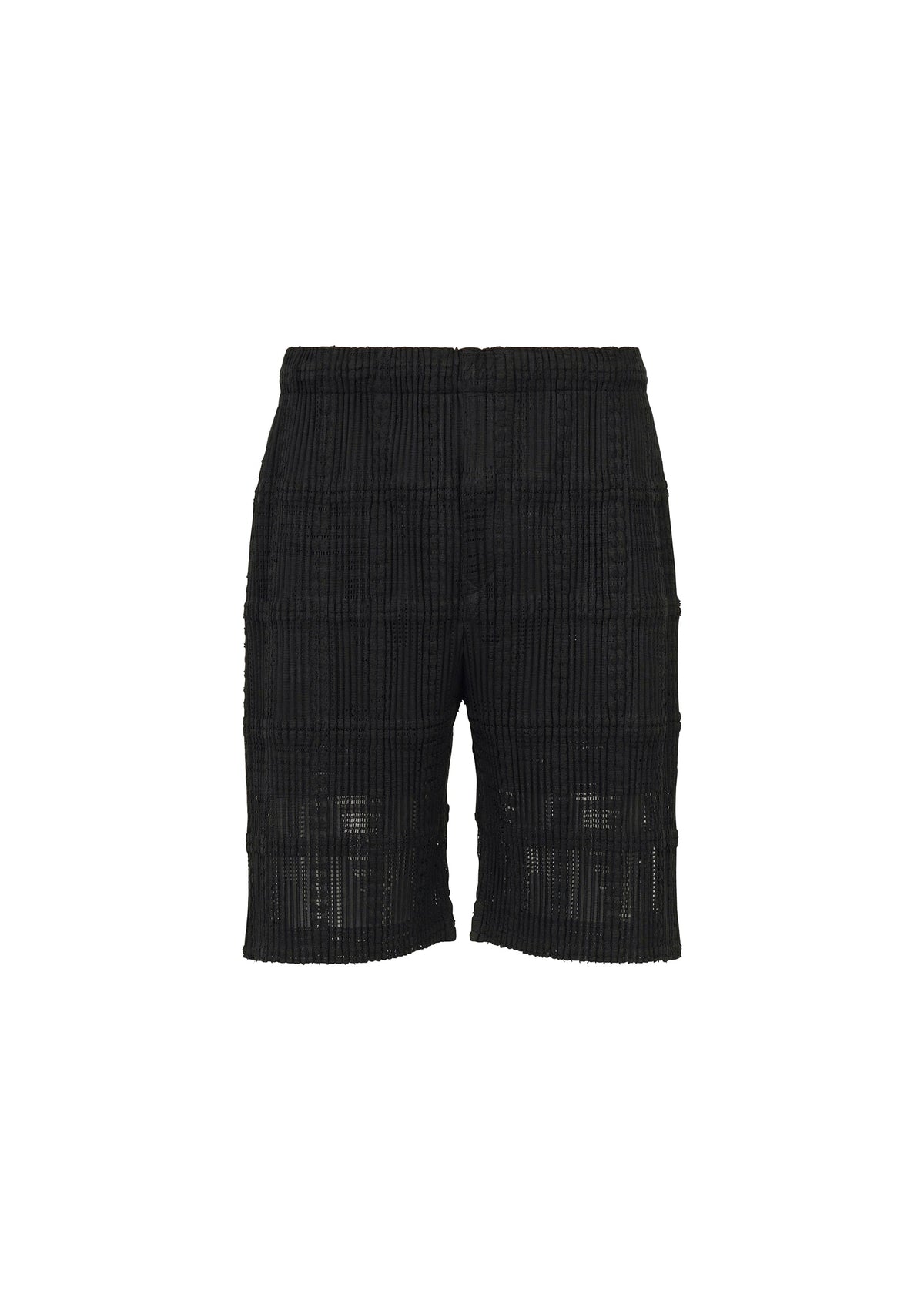 A product shot of the HOMME PLISSÉ ISSEY MIYAKE LACE GRID PLEATS shorts in black.