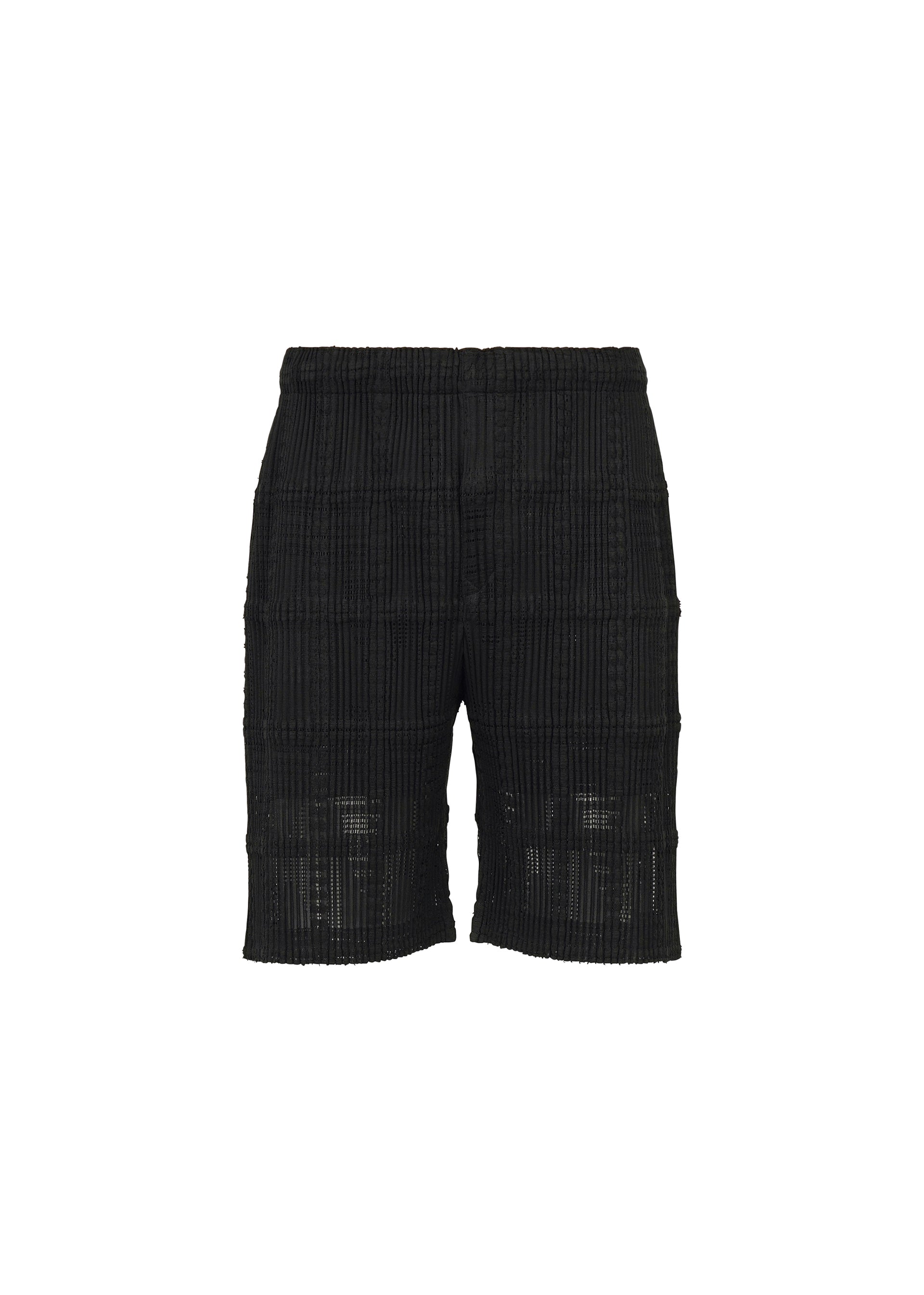 A product shot of the HOMME PLISSÉ ISSEY MIYAKE LACE GRID PLEATS shorts in black.