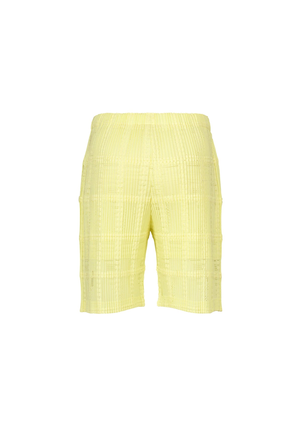 A detail shot of the HOMME PLISSÉ ISSEY MIYAKE LACE GRID PLEATS shorts.