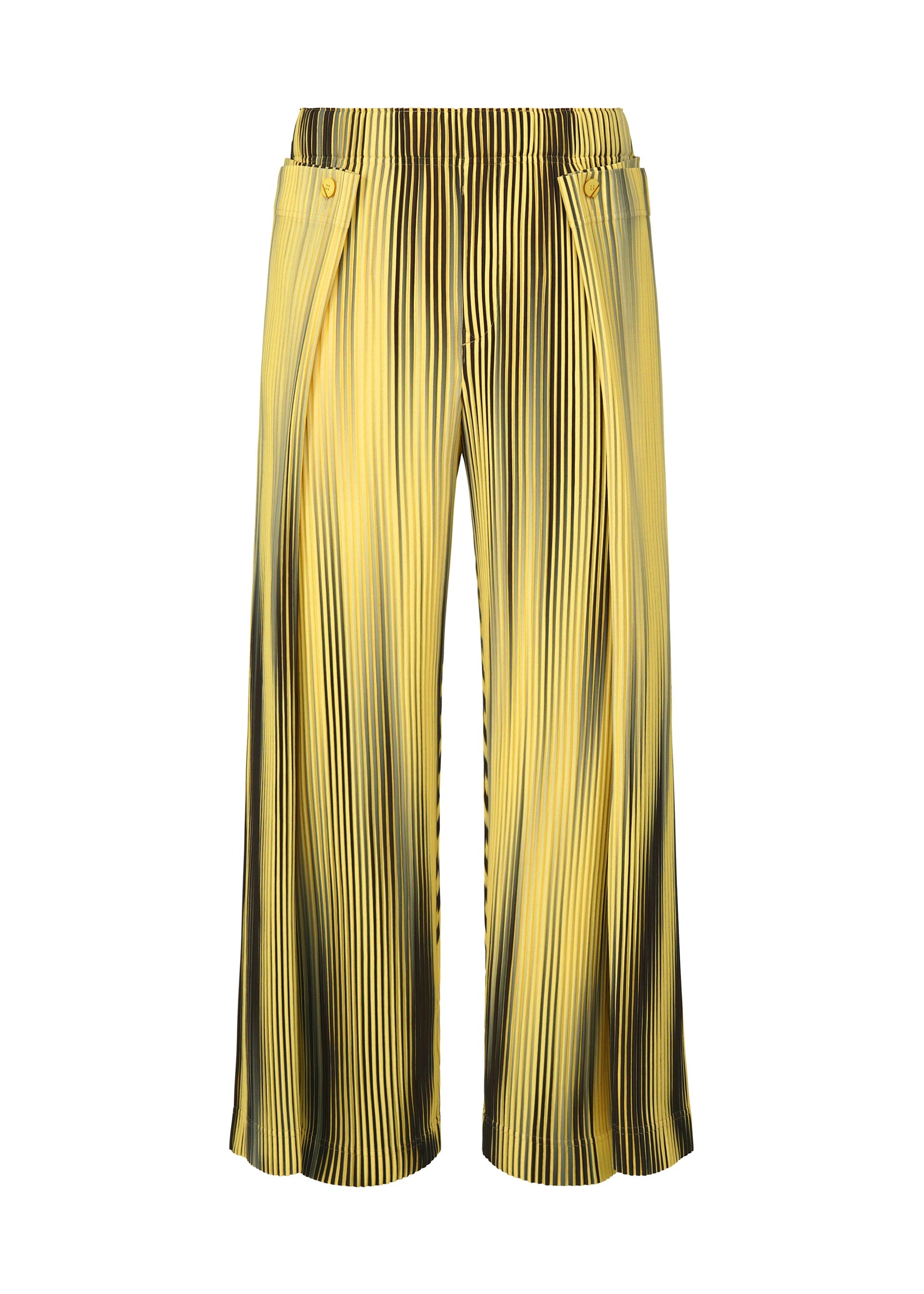 A product shot of the HOMME PLISSÉ ISSEY MIYAKE BLEND OF LIGHTS trousers in yellow.