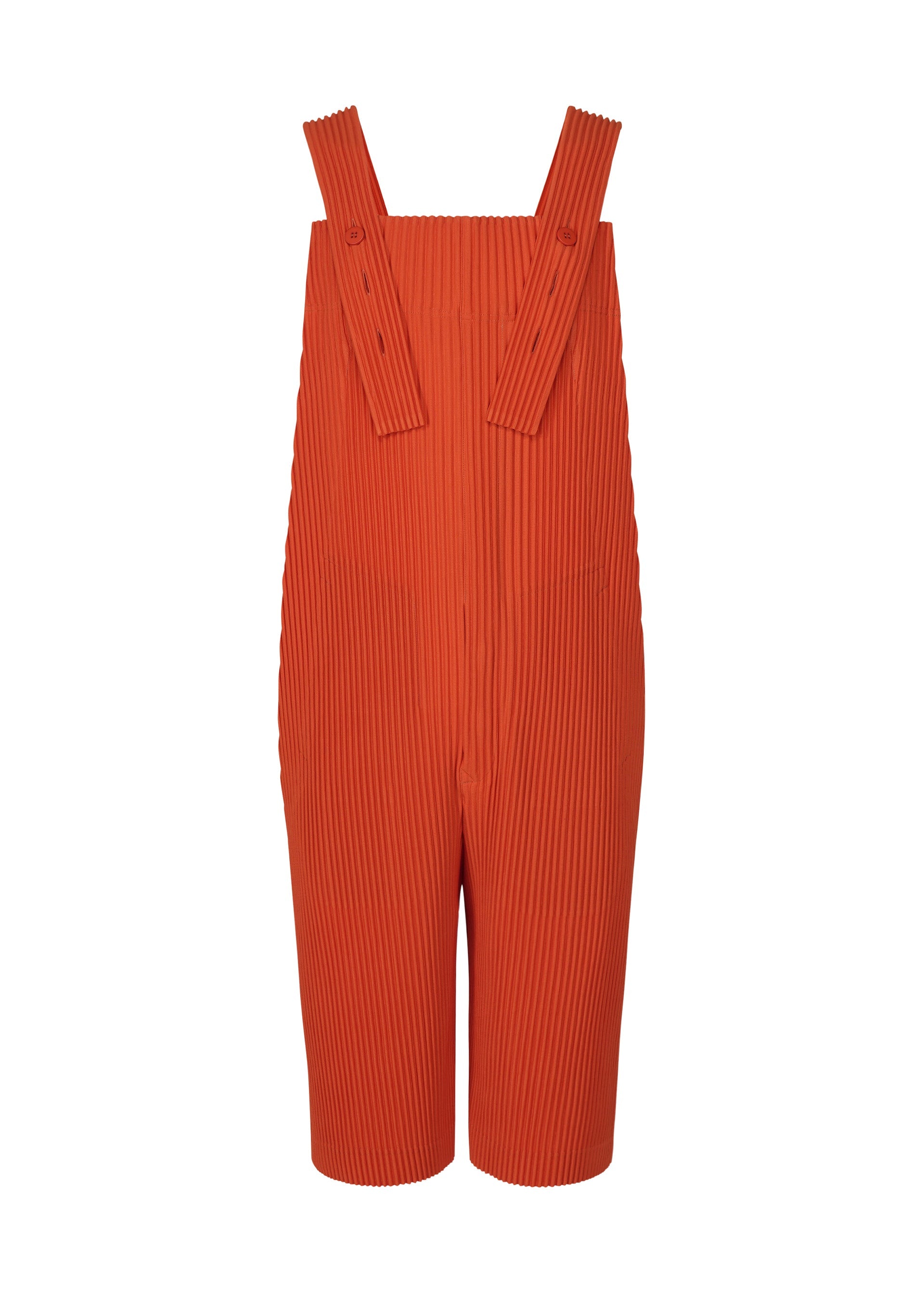 A product shot of the HOMME PLISSÉ ISSEY MIYAKE PLEATS BOTTOMS 1 jumpsuit in brightside red.