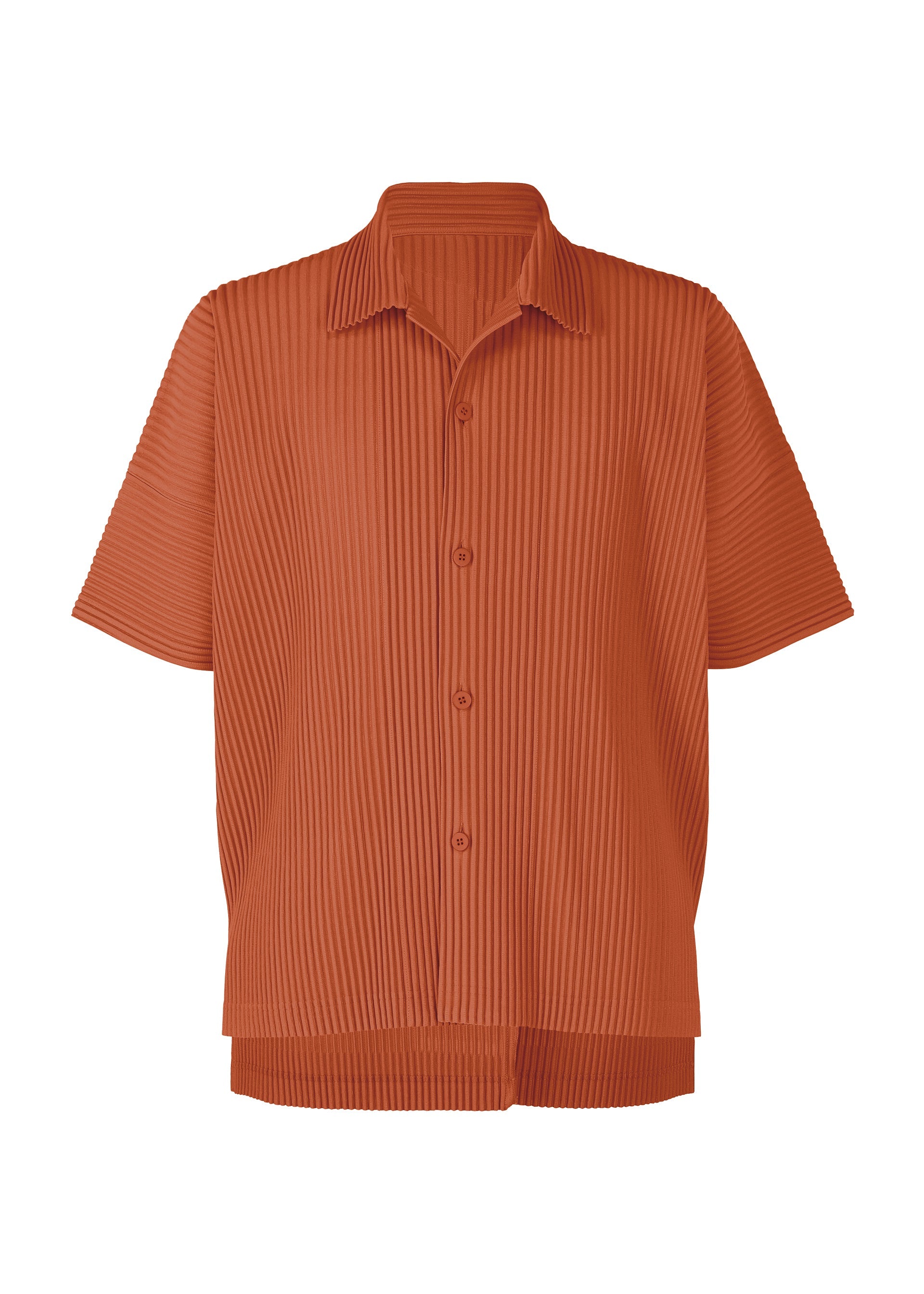 A product shot of the HOMME PLISSÉ ISSEY MIYAKE MONTHLY COLORS : AUGUST shirt in shade vermillion.