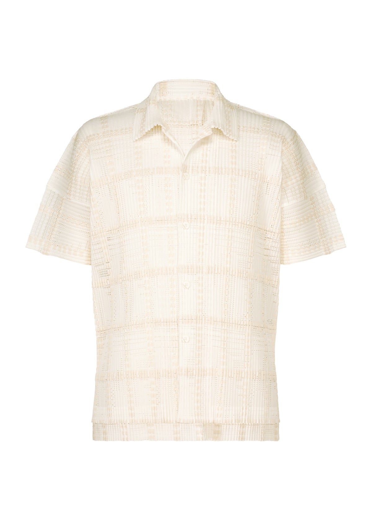 A product shot of the HOMME PLISSÉ ISSEY MIYAKE LACE GRID PLEATS shirt in white.