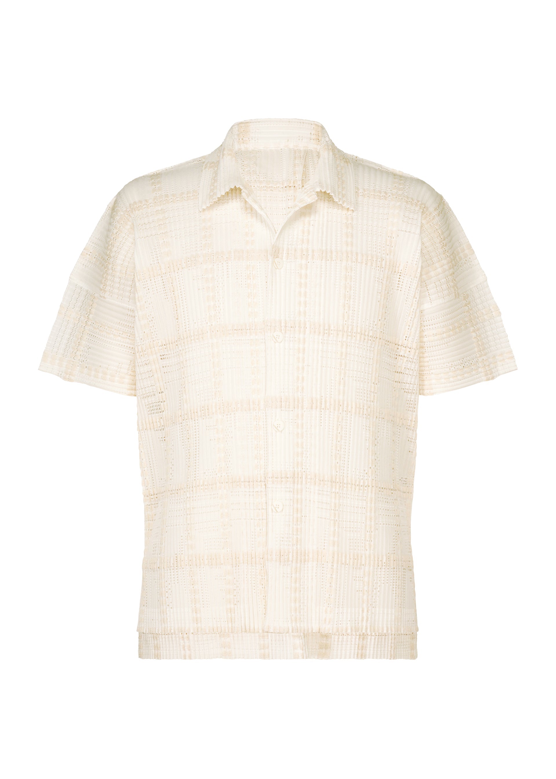 A product shot of the HOMME PLISSÉ ISSEY MIYAKE LACE GRID PLEATS shirt in white.