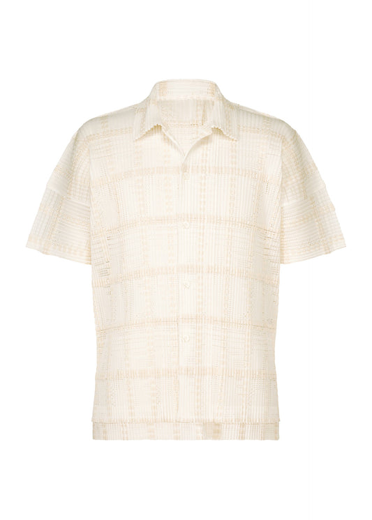 A product shot of the HOMME PLISSÉ ISSEY MIYAKE LACE GRID PLEATS shirt in white.
