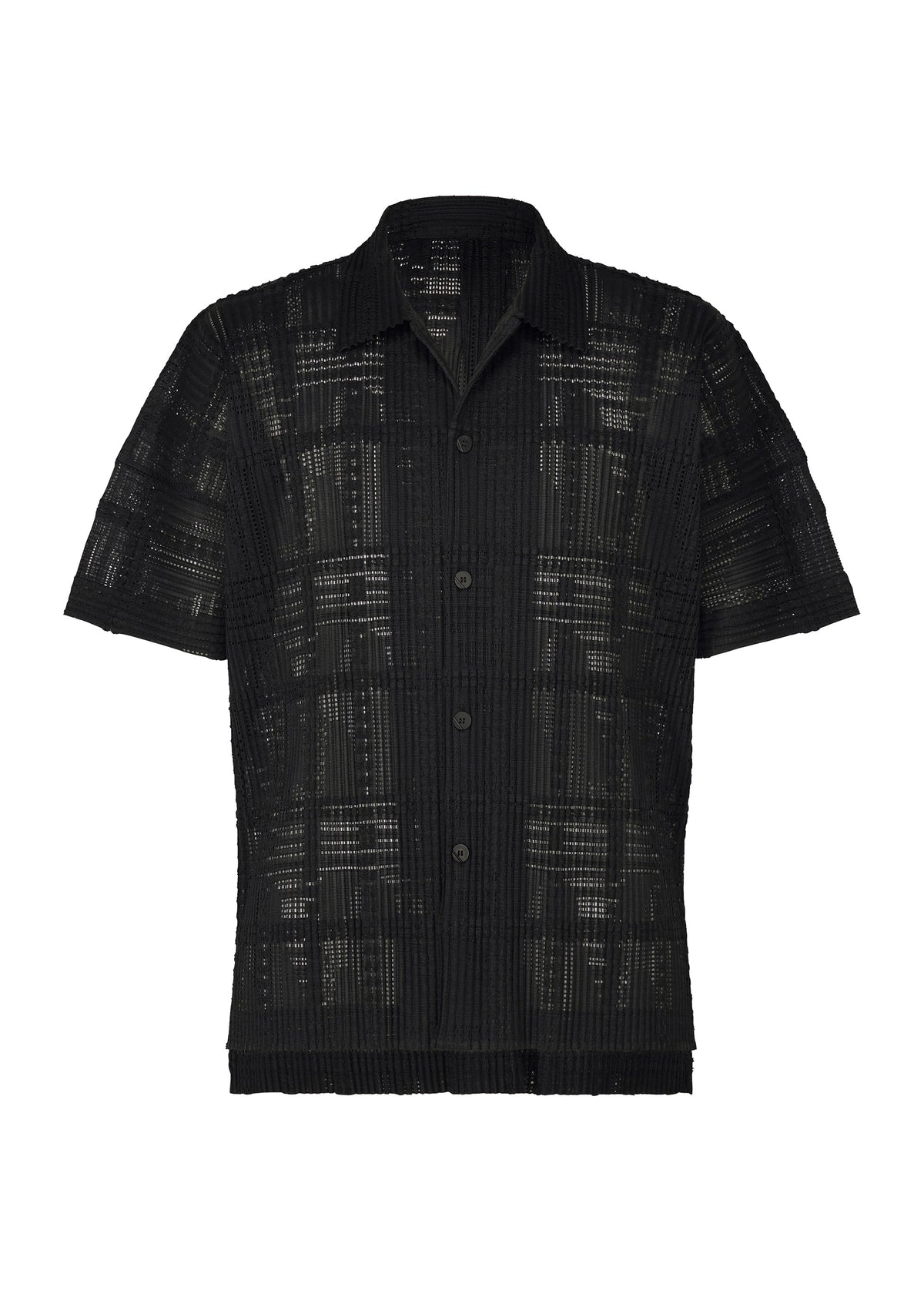 A product shot of the HOMME PLISSÉ ISSEY MIYAKE LACE GRID PLEATS shirt in black.