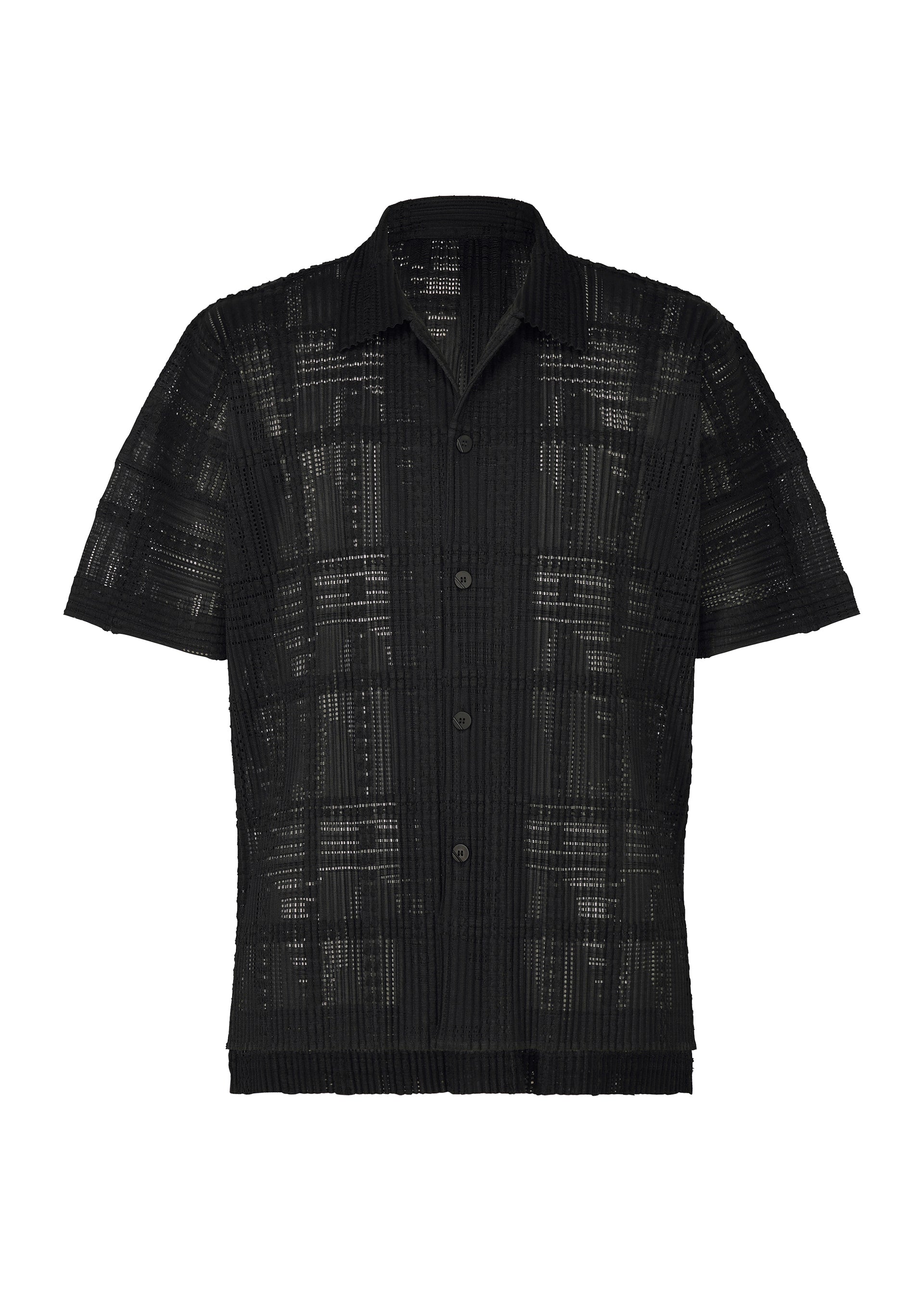 A product shot of the HOMME PLISSÉ ISSEY MIYAKE LACE GRID PLEATS shirt in black.