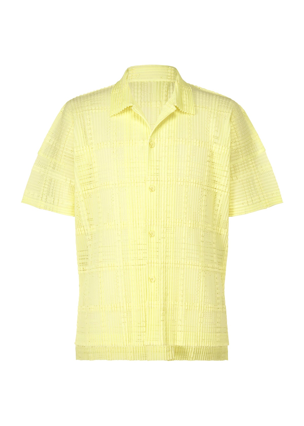 A product shot of the HOMME PLISSÉ ISSEY MIYAKE LACE GRID PLEATS shirt in yellow.