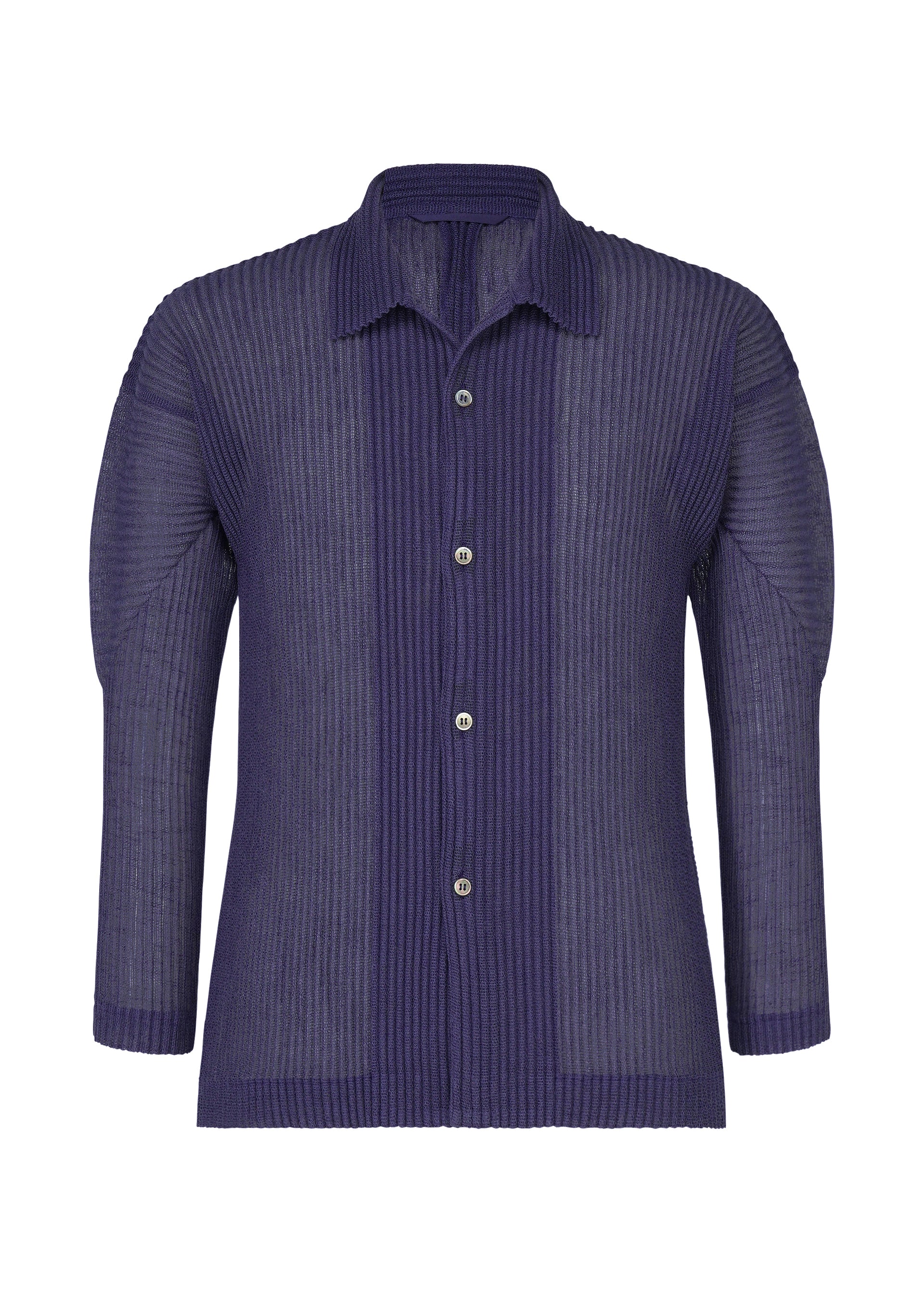 A product shot of the HOMME PLISSÉ ISSEY MIYAKE RUSTIC MESH shirt in blue.