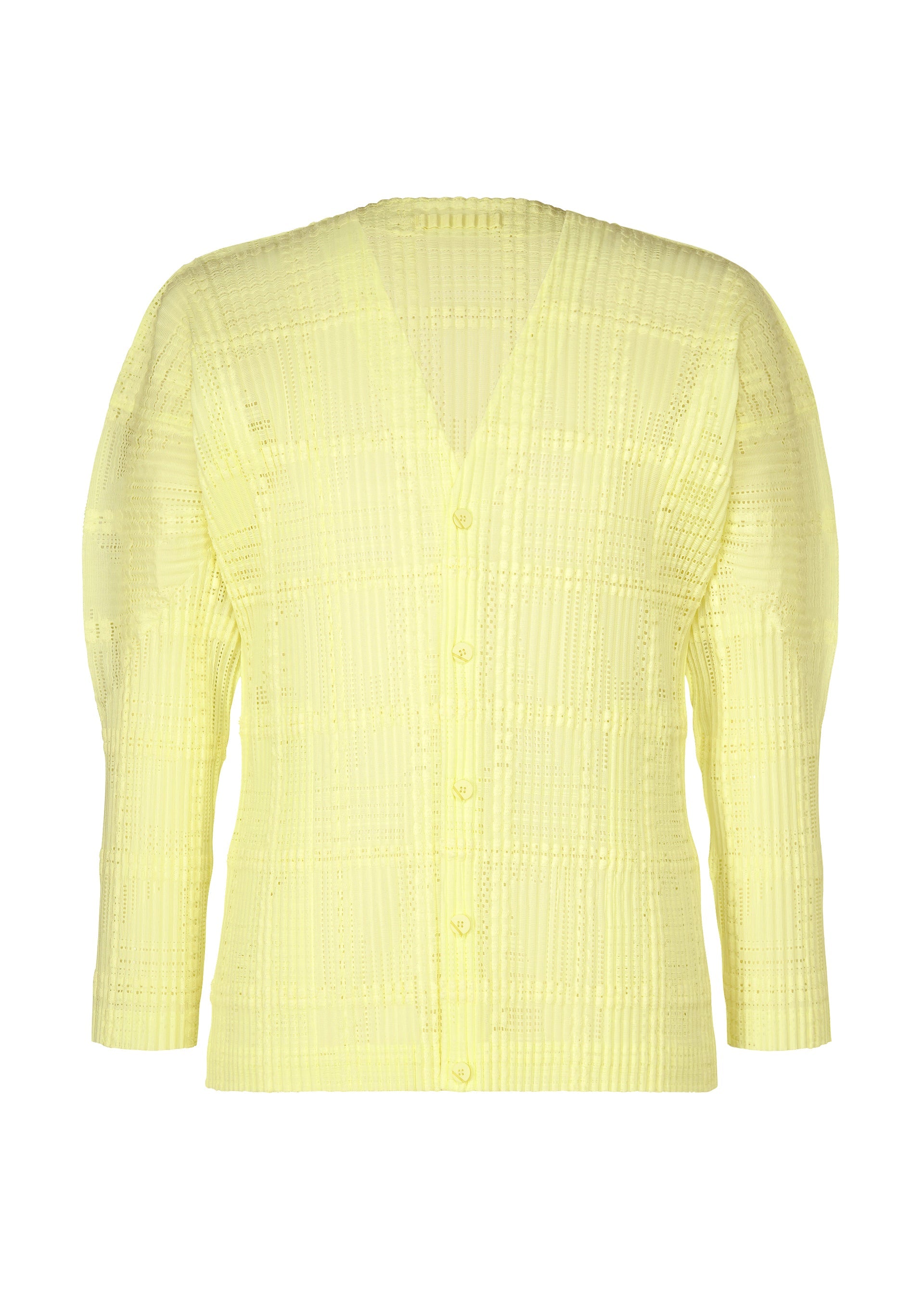 A product shot of the HOMME PLISSÉ ISSEY MIYAKE LACE GRID PLEATS jacket in yellow.