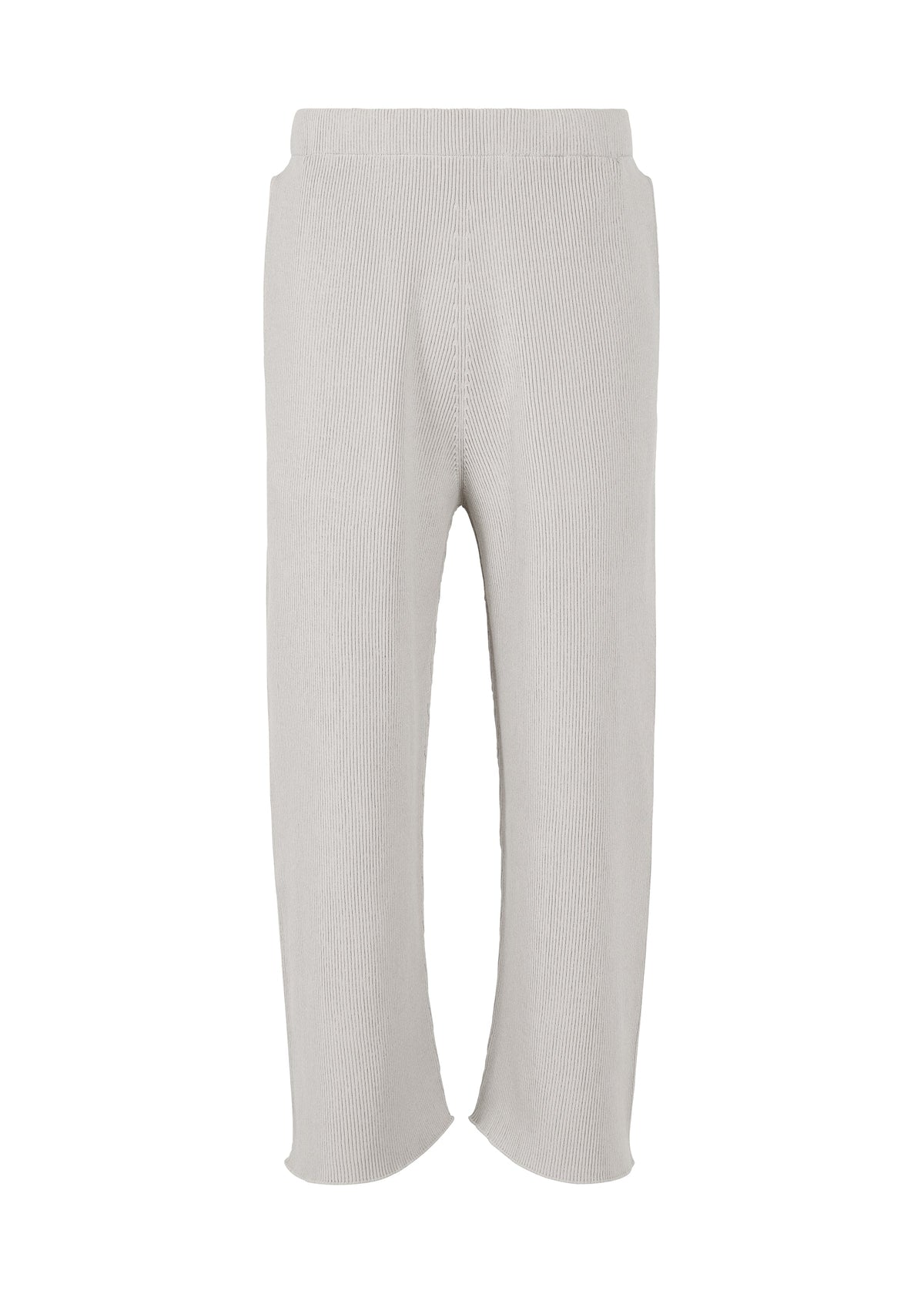 A product shot of the HOMME PLISSÉ ISSEY MIYAKE BASIC KNIT trousers in light gray.
