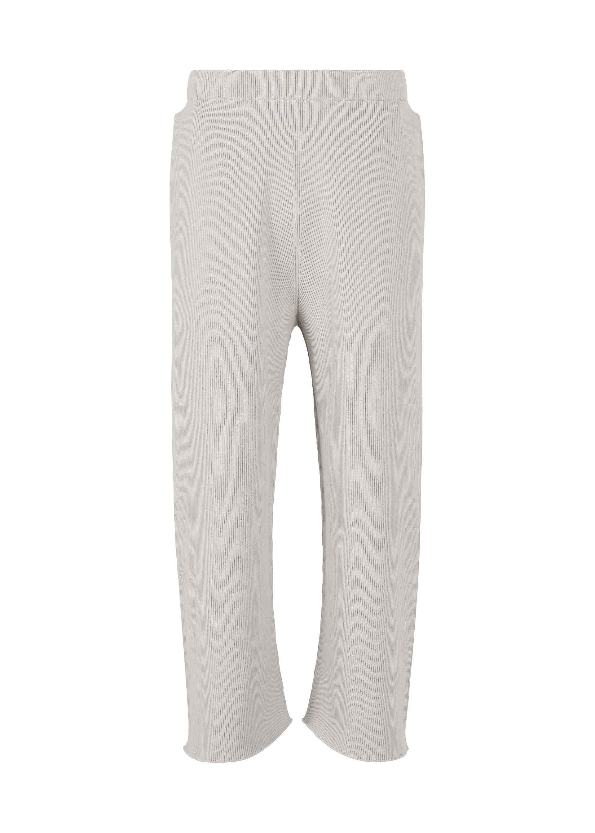 A product shot of the HOMME PLISSÉ ISSEY MIYAKE BASIC KNIT trousers in light gray.