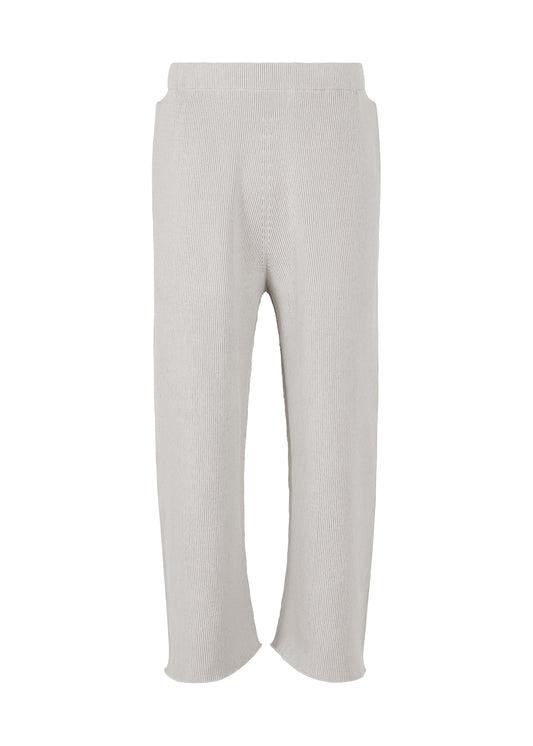 A product shot of the HOMME PLISSÉ ISSEY MIYAKE BASIC KNIT trousers in light gray.