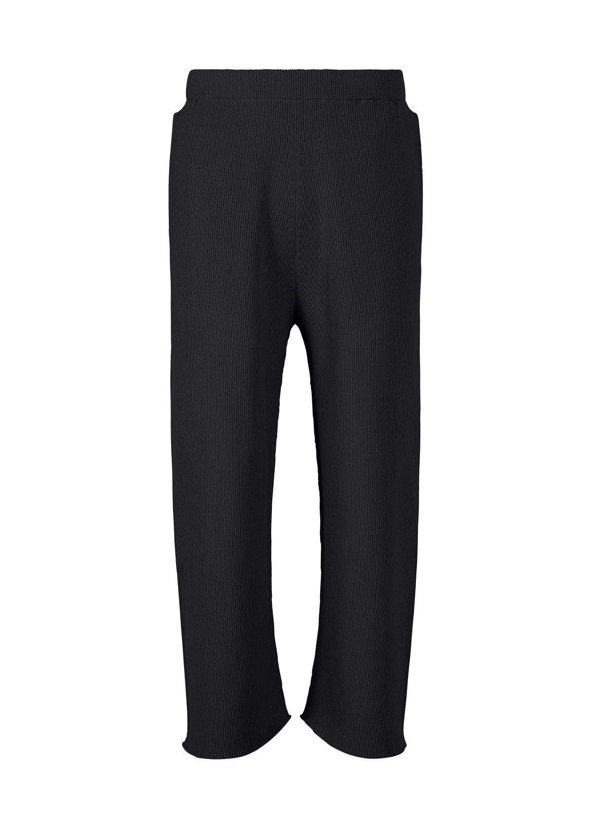 A product shot of the HOMME PLISSÉ ISSEY MIYAKE BASIC KNIT trousers in black.
