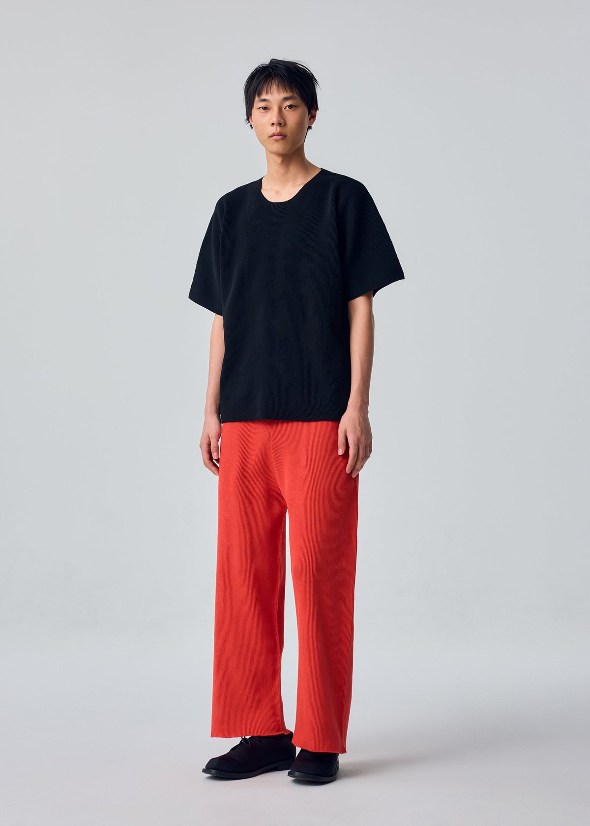A model wears the HOMME PLISSÉ ISSEY MIYAKE BASIC KNIT basic-knit-t-shirt-top-black.