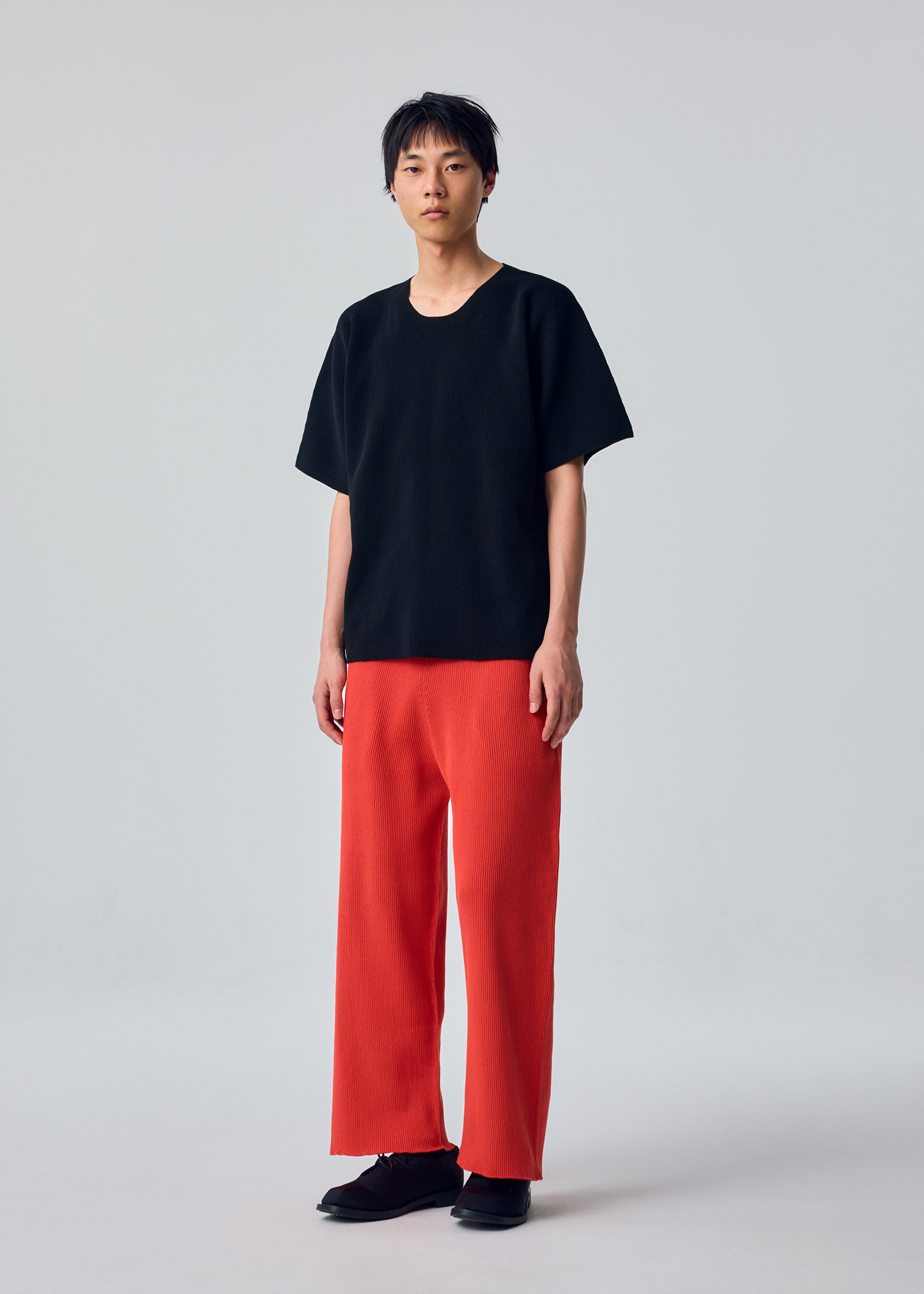 A model wears the HOMME PLISSÉ ISSEY MIYAKE BASIC KNIT basic-knit-t-shirt-top-black.