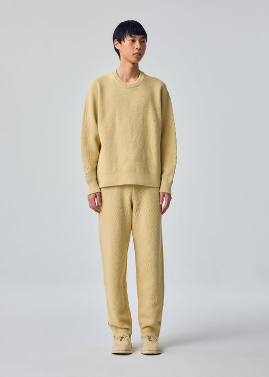 A model wears the HOMME PLISSÉ ISSEY MIYAKE RUSTIC KNIT rustic-knit-top-yellow-beige.